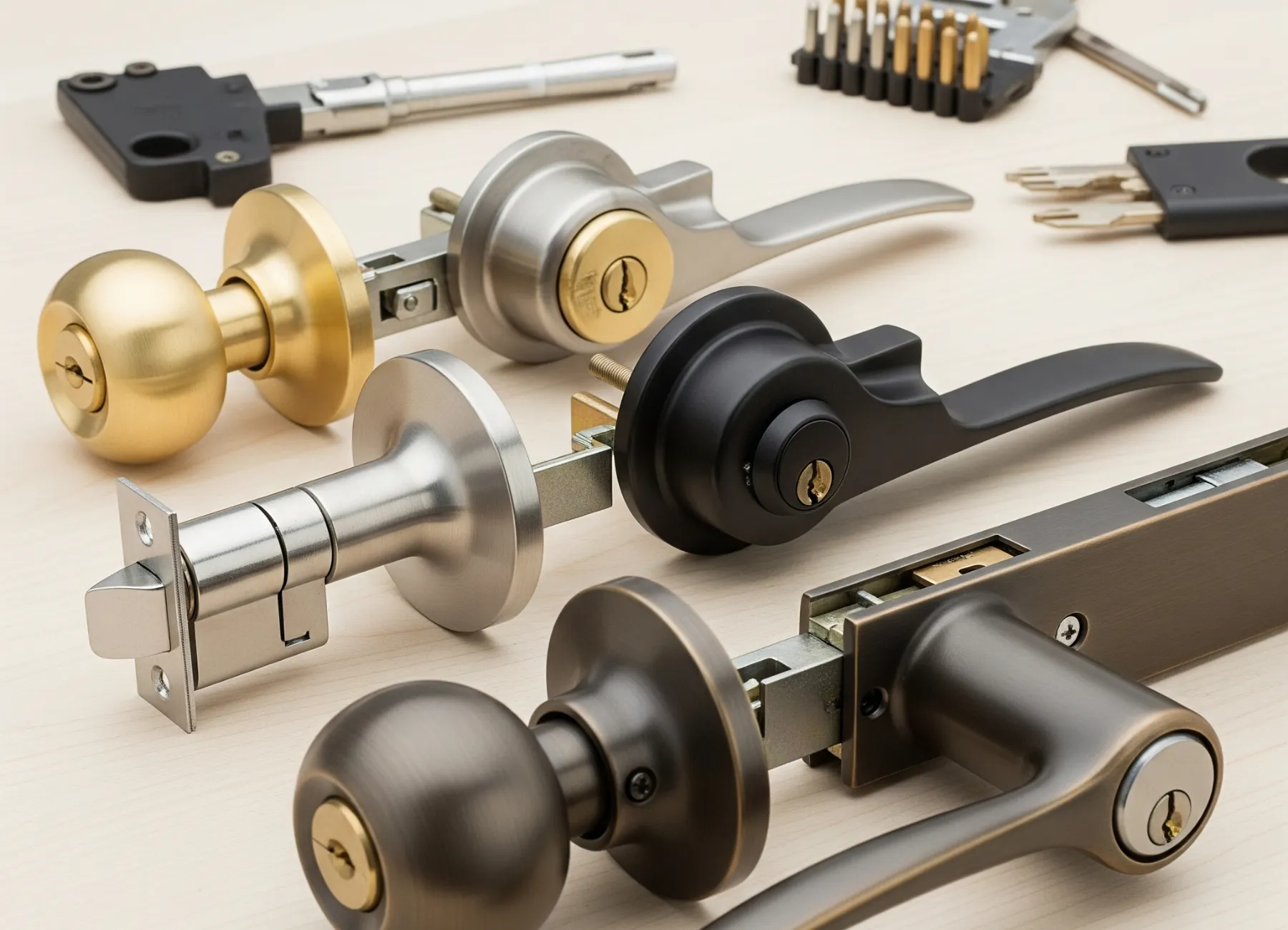A variety of disassembled door locks and lock parts, including different styles of knobs, levers, and deadbolts, laid out on a light wooden surface, showcasing the different Type of lock we rekey.