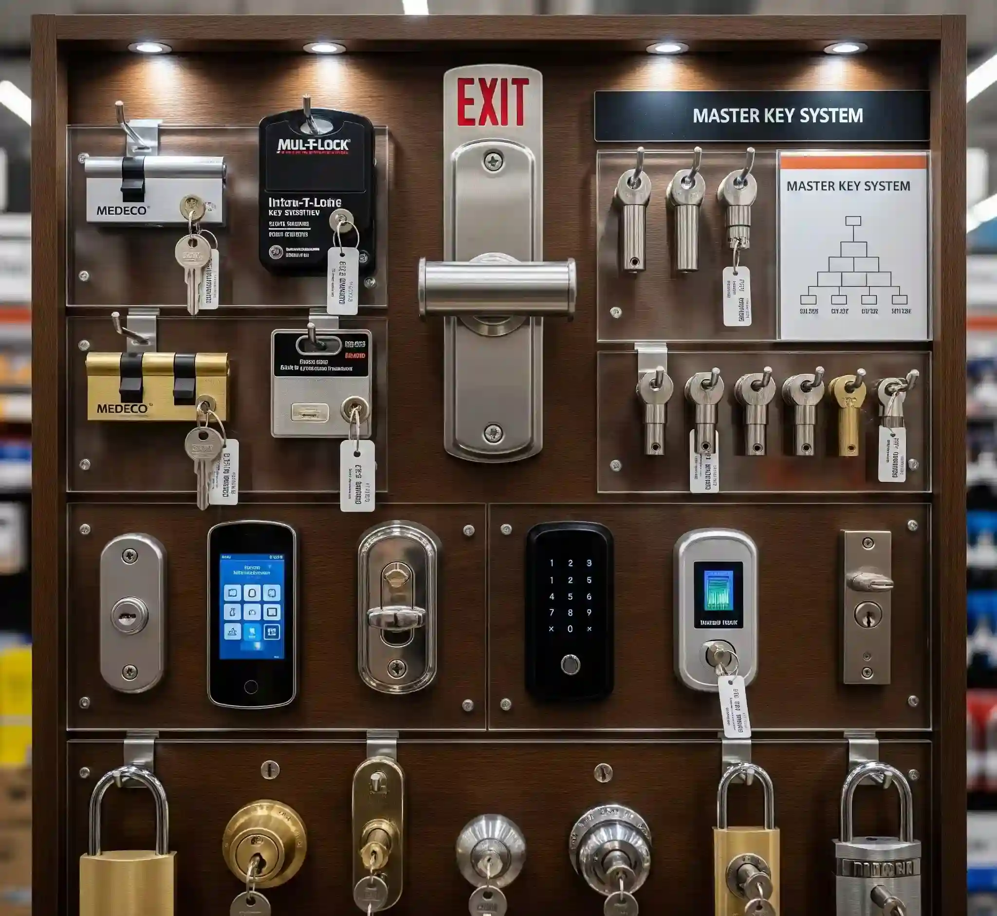 Display of various lock systems including exit, master key, Medeco, Mul-T-Lock, and smart locks with keys