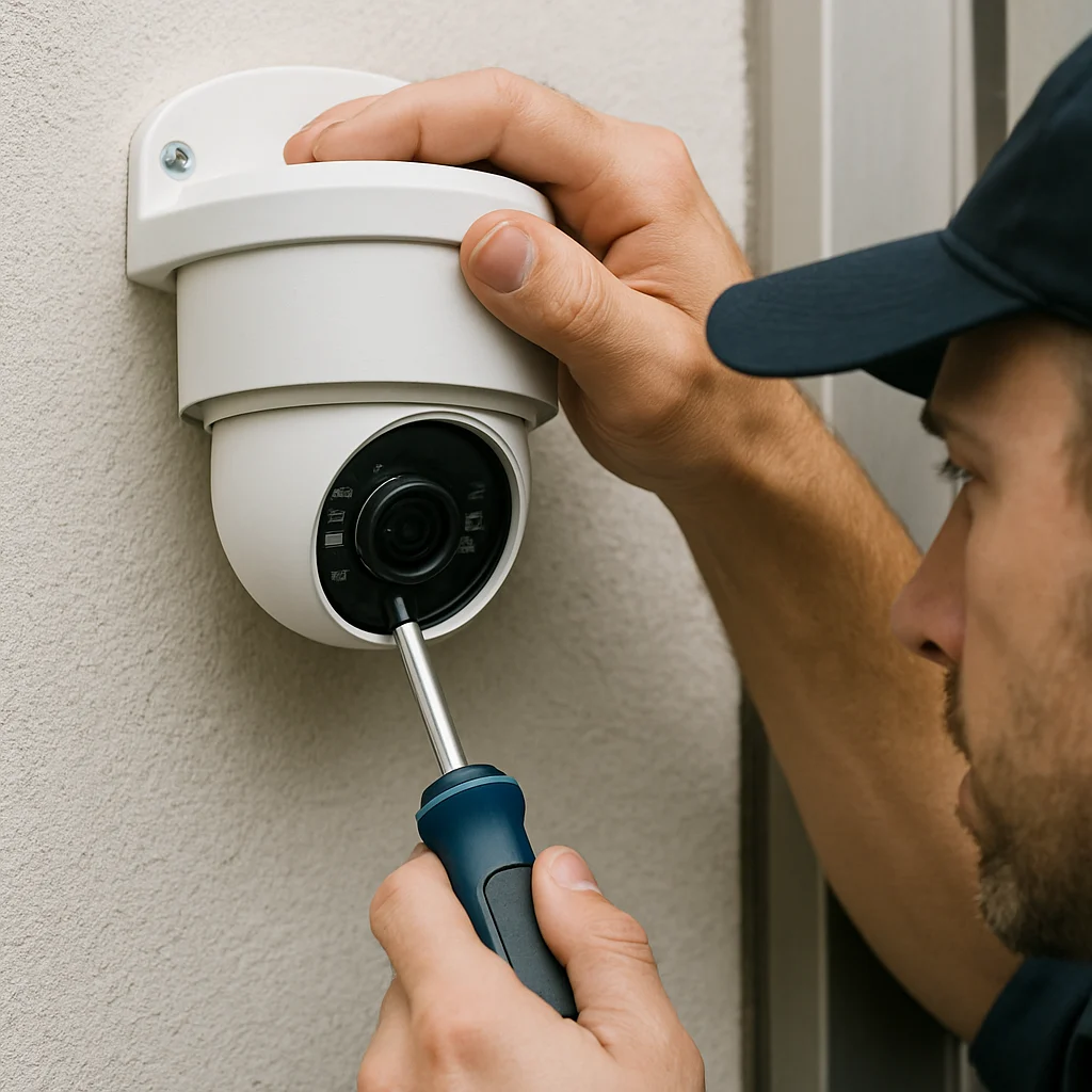 A worker is repairing a white video surveillance camera on a wall with a screwdriver.