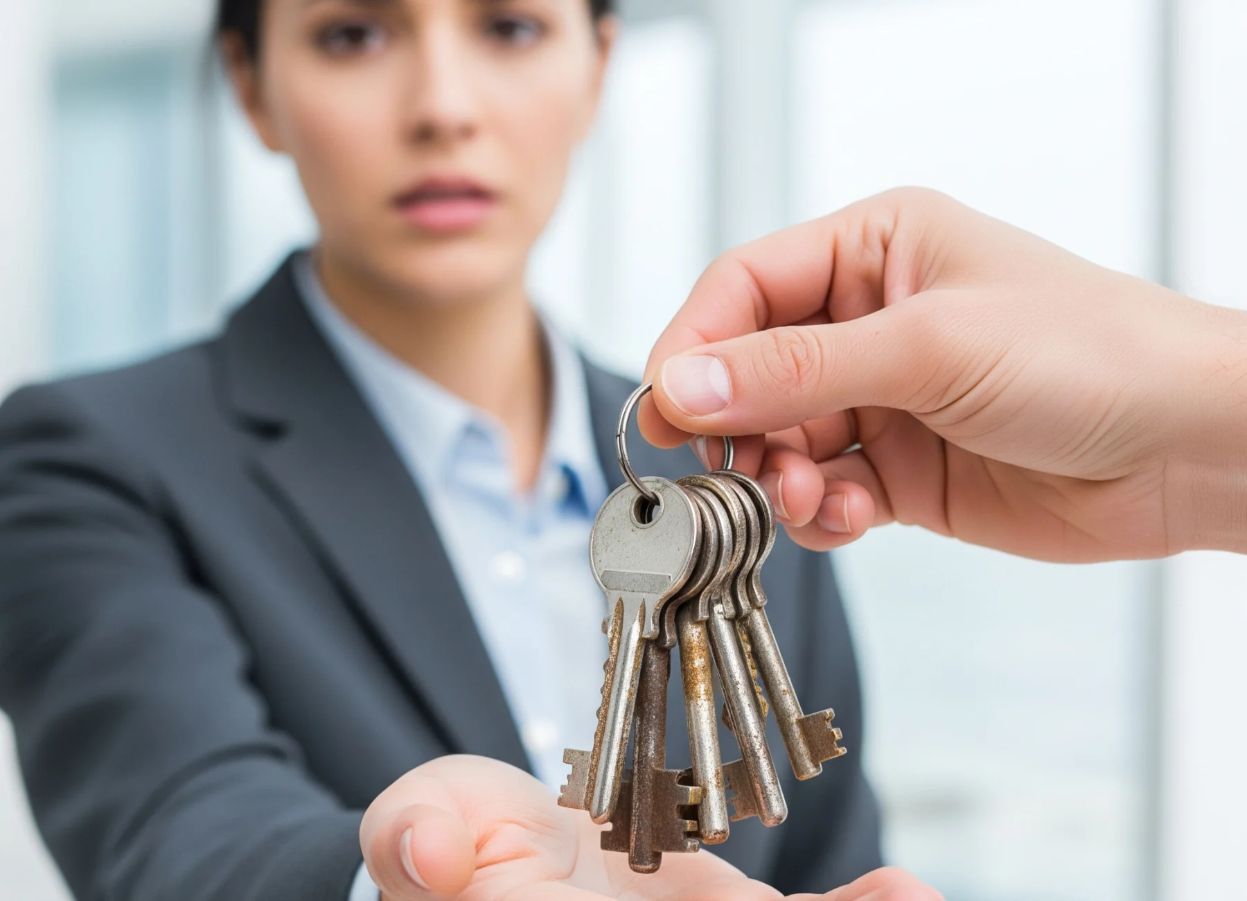 A concerned woman receives a rusty set of old keys, illustrating When to Consider Rekeying Your Locks.