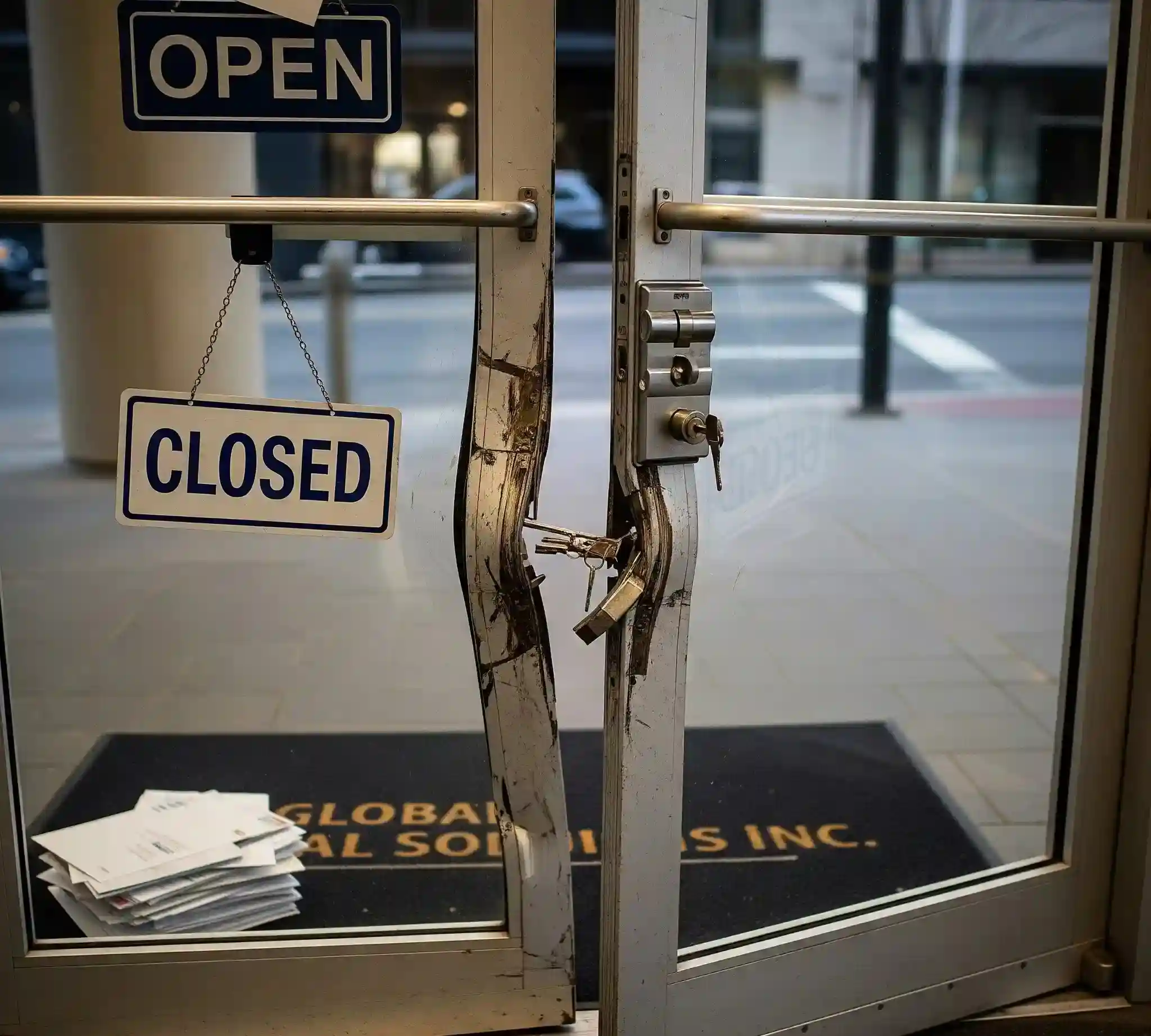 Broken glass door with 'OPEN' and 'CLOSED' signs, damaged lock, and mail on a mat reading 'GLOBAL SOLUTIONS INC