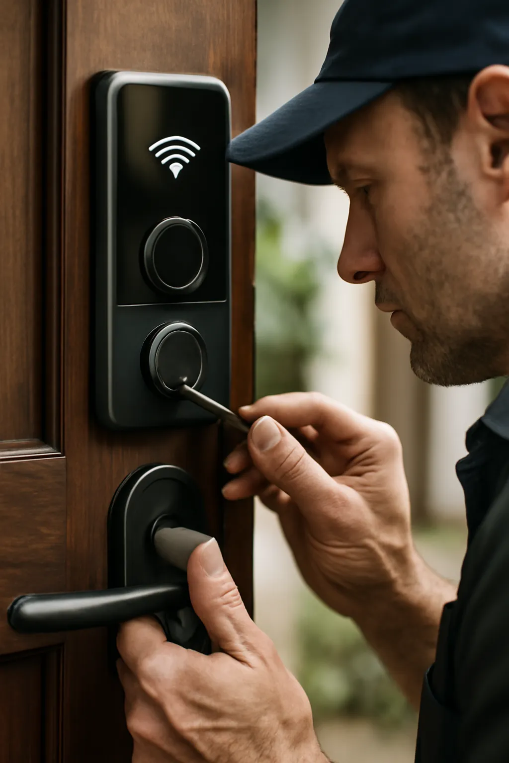 Realistic scene of a locksmith installing a Wi-Fi-enabled smart lock on a dark wooden front door, focusing on the digital components and connection setup. The locksmith is using a screwdriver, with soft natural lighting highlighting the lock and wooden door texture, without any text or logo