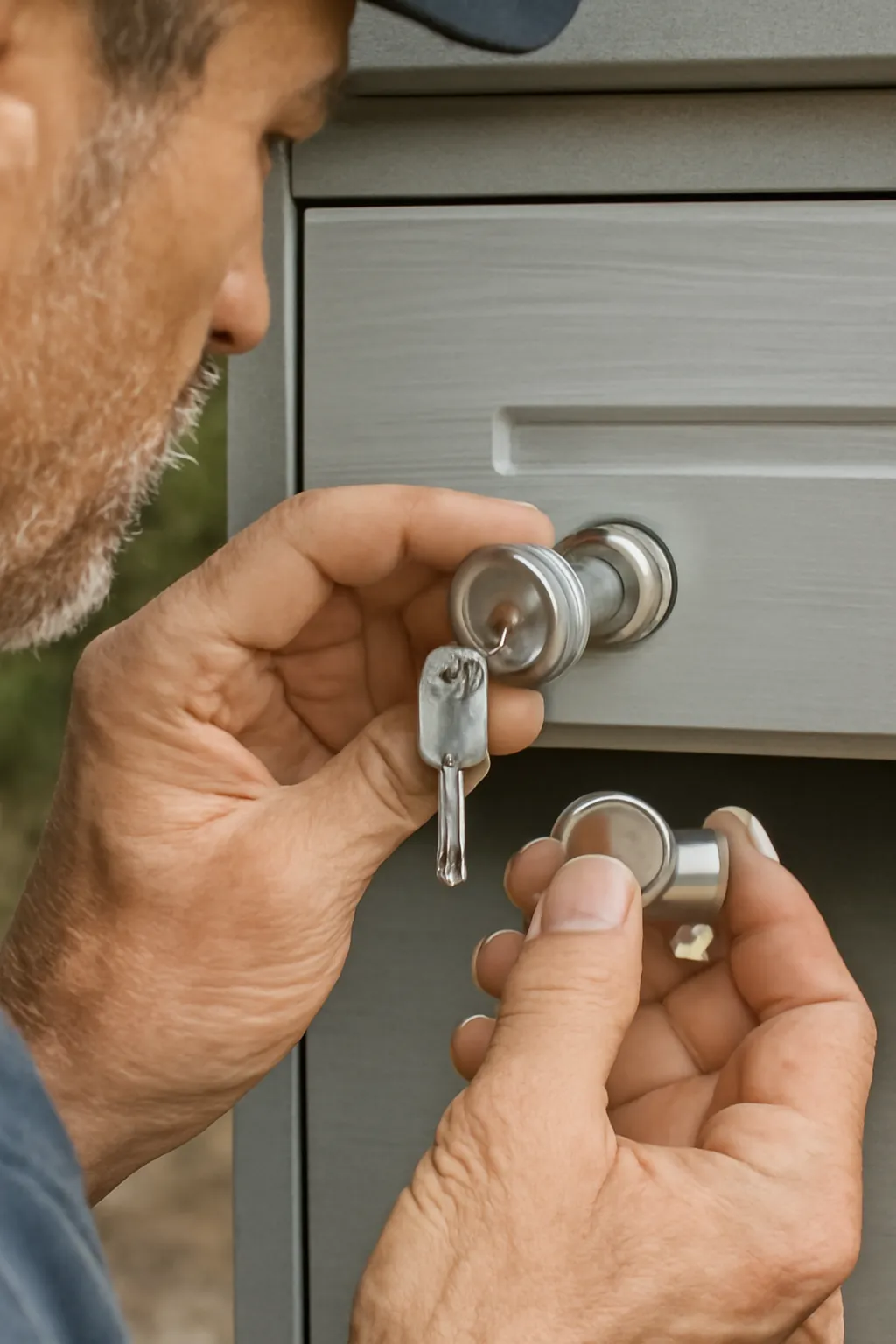 Close-up of a locksmith installing a cylindrical cam lock on a metal mailbox. His hands are shown positioning the lock and key, with natural daylight illuminating the scene and a blurred green background.