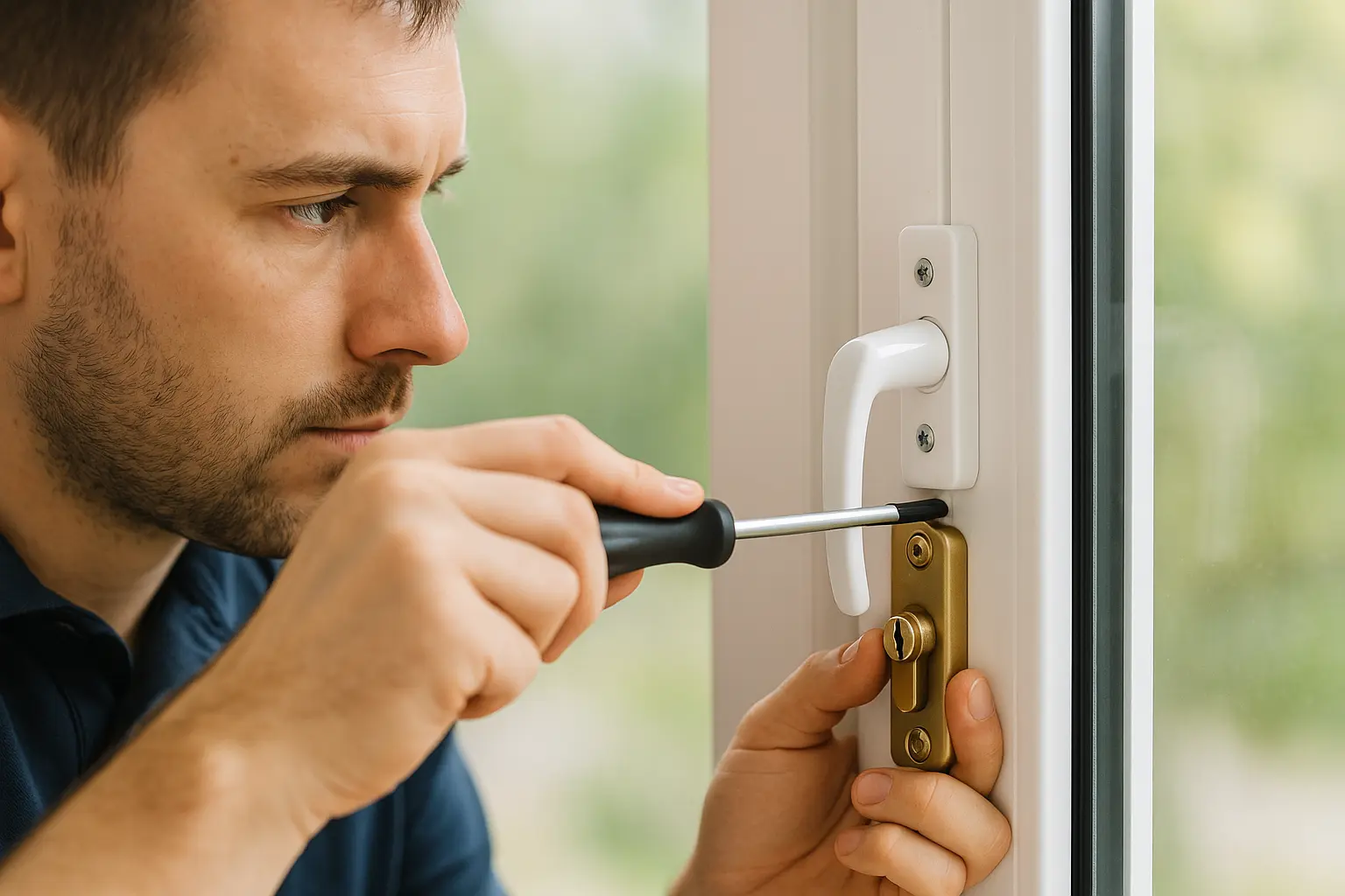 Technician replacing a white window lock on a uPVC frame, tightening the screw with a black-handled screwdriver, with blurred greenery visible outside.