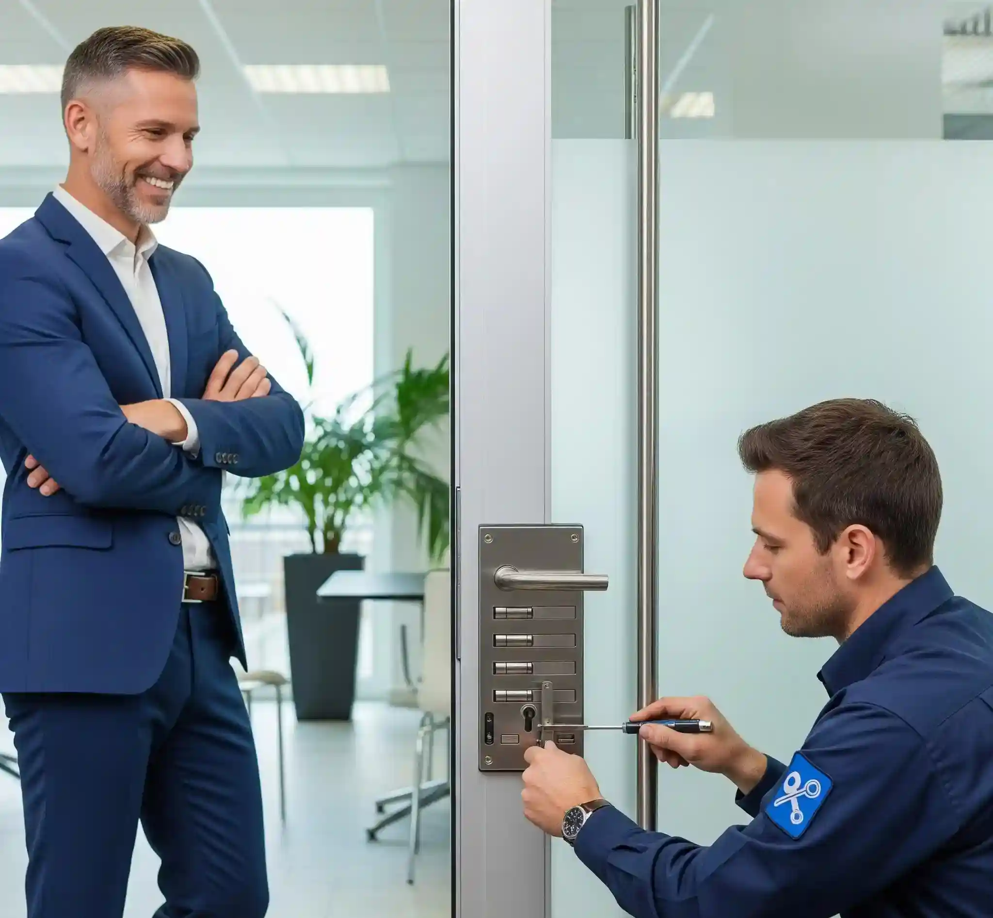 Worker in blue uniform repairing a multi-point door lock while a man in a suit stands nearby in an office setting