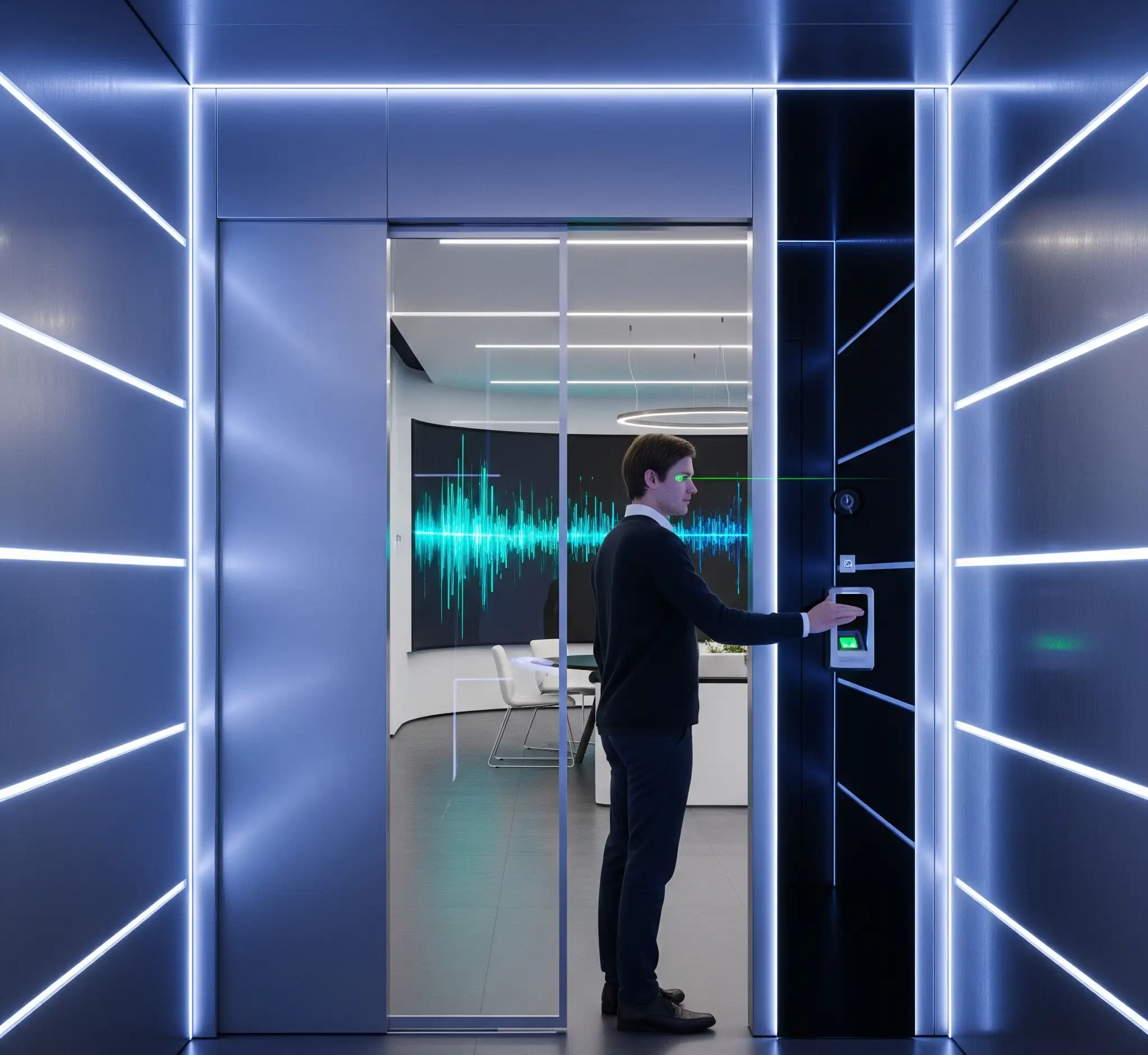 A person using a biometric access control system with a hand scanner to enter a modern office with blue LED-lit walls, glass doors, and a background featuring a digital waveform display.