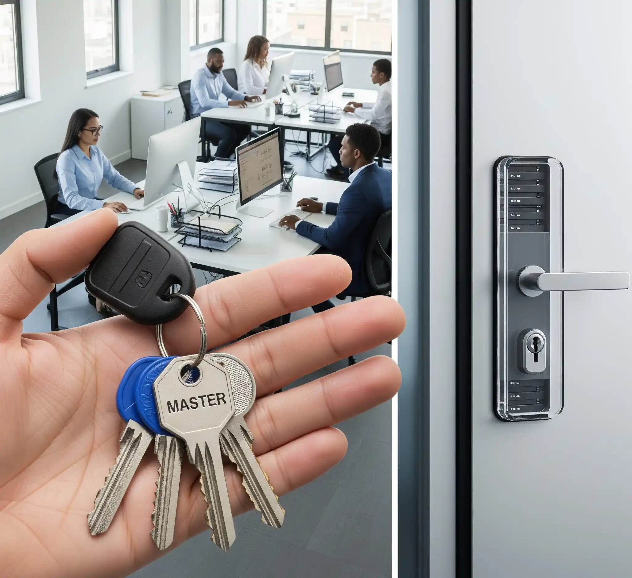 Hand holding a keyring with multiple keys, including a master key, in front of an office with people working, and a close-up of a modern door lock with a keyhole.