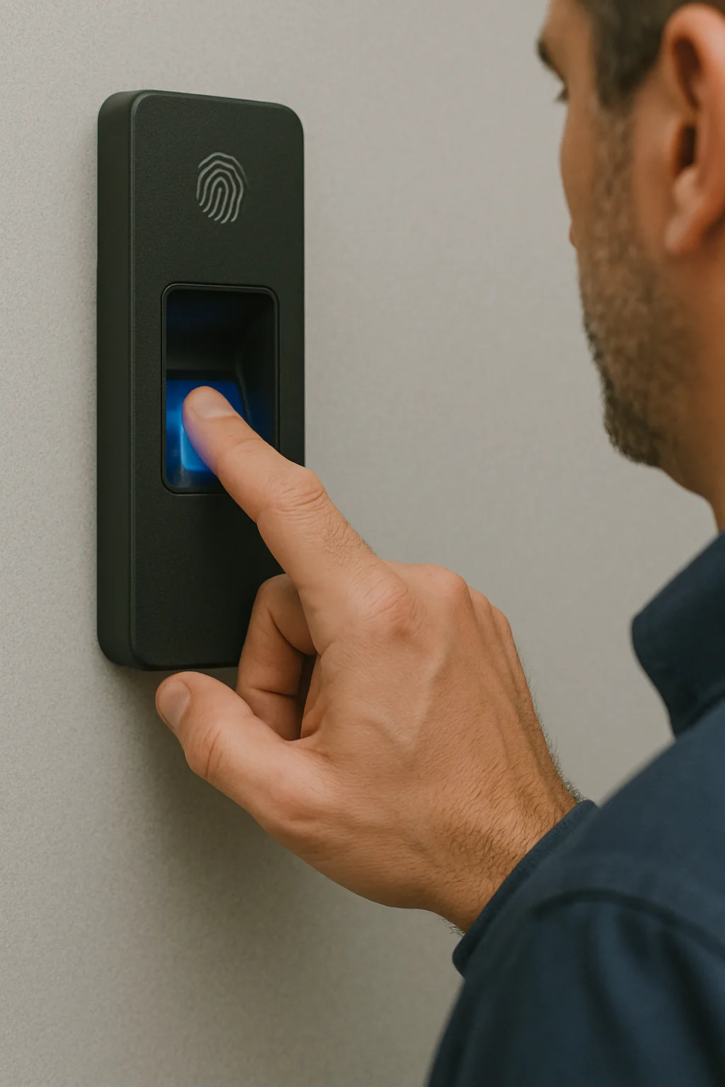 Hand with fingerprint on a biometric access control scanner with a green light on a wall