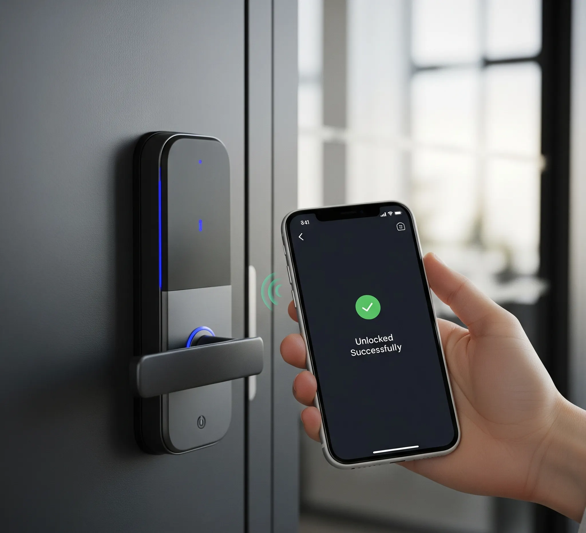 A hand holding a smartphone displaying 'Unlocked Successfully' near a smart door lock with a blue indicator light.