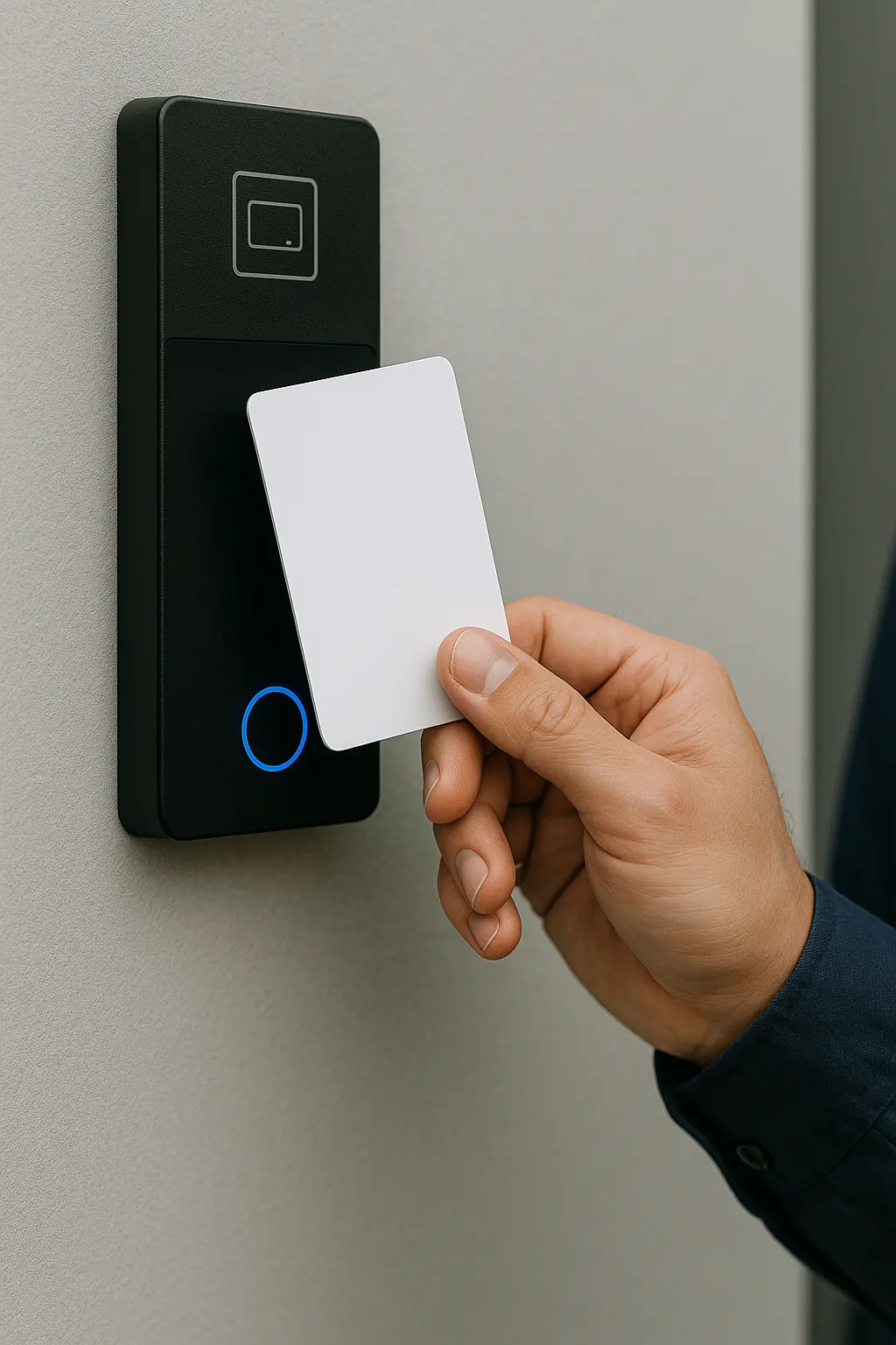 Hand holding a card near a black card access control reader with a green light on a wall