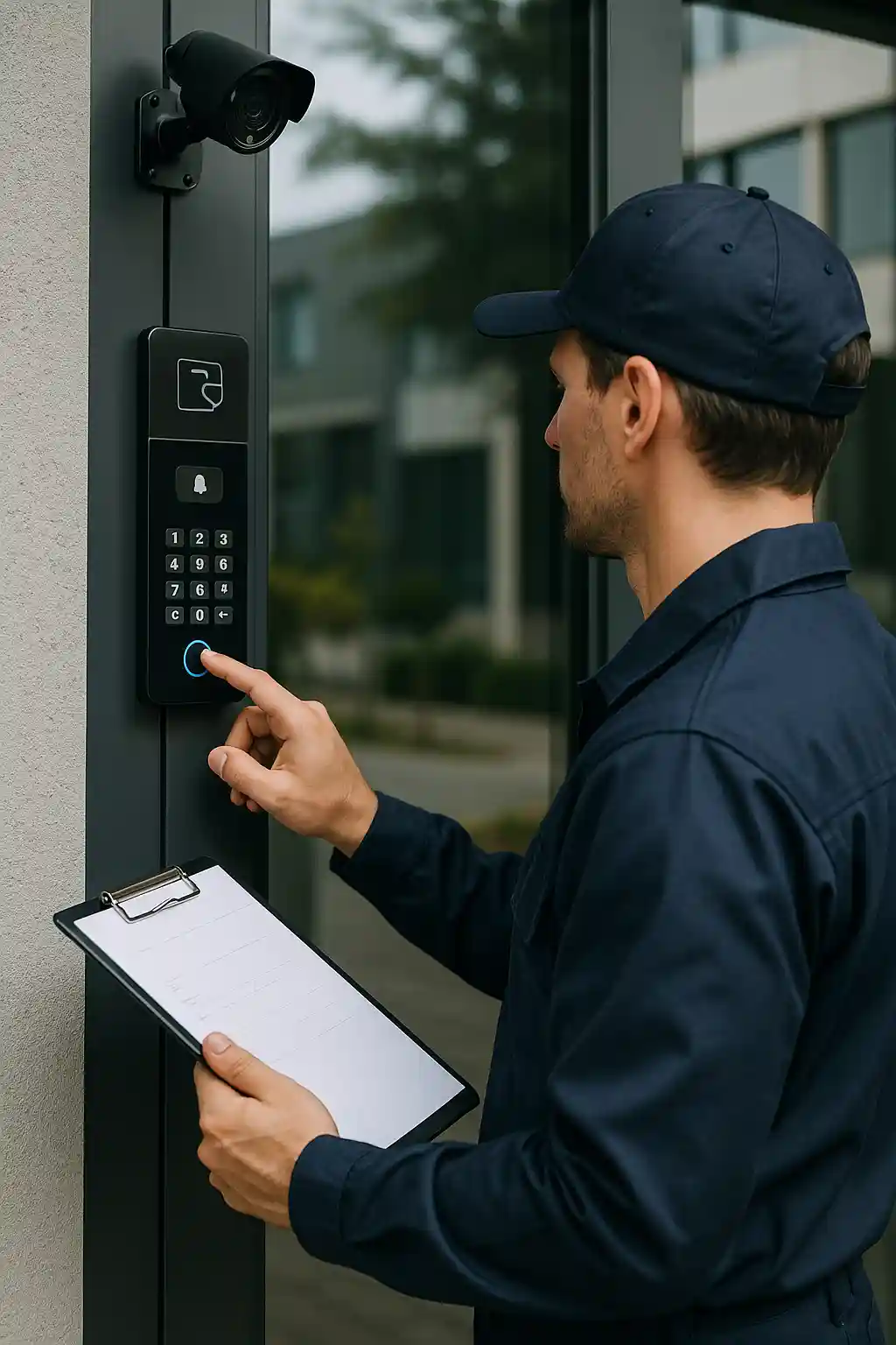 Worker in uniform using a keypad on a commercial access control system with a camera, holding a clipboard in Florida