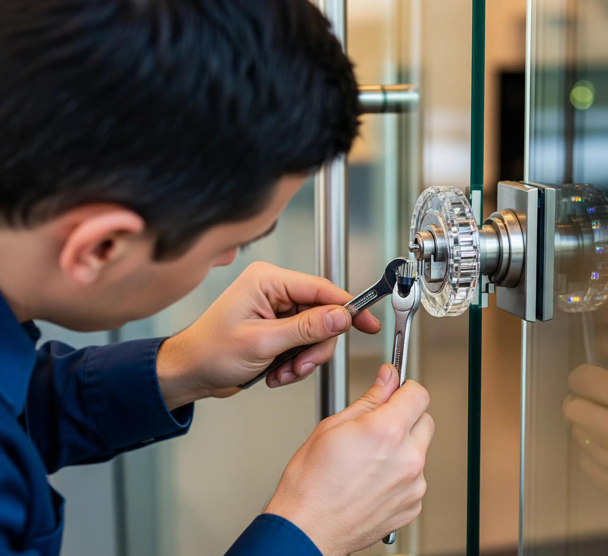 Man in blue shirt rekeying a crystal door lock on a glass door with metallic hardware, using a wrench.