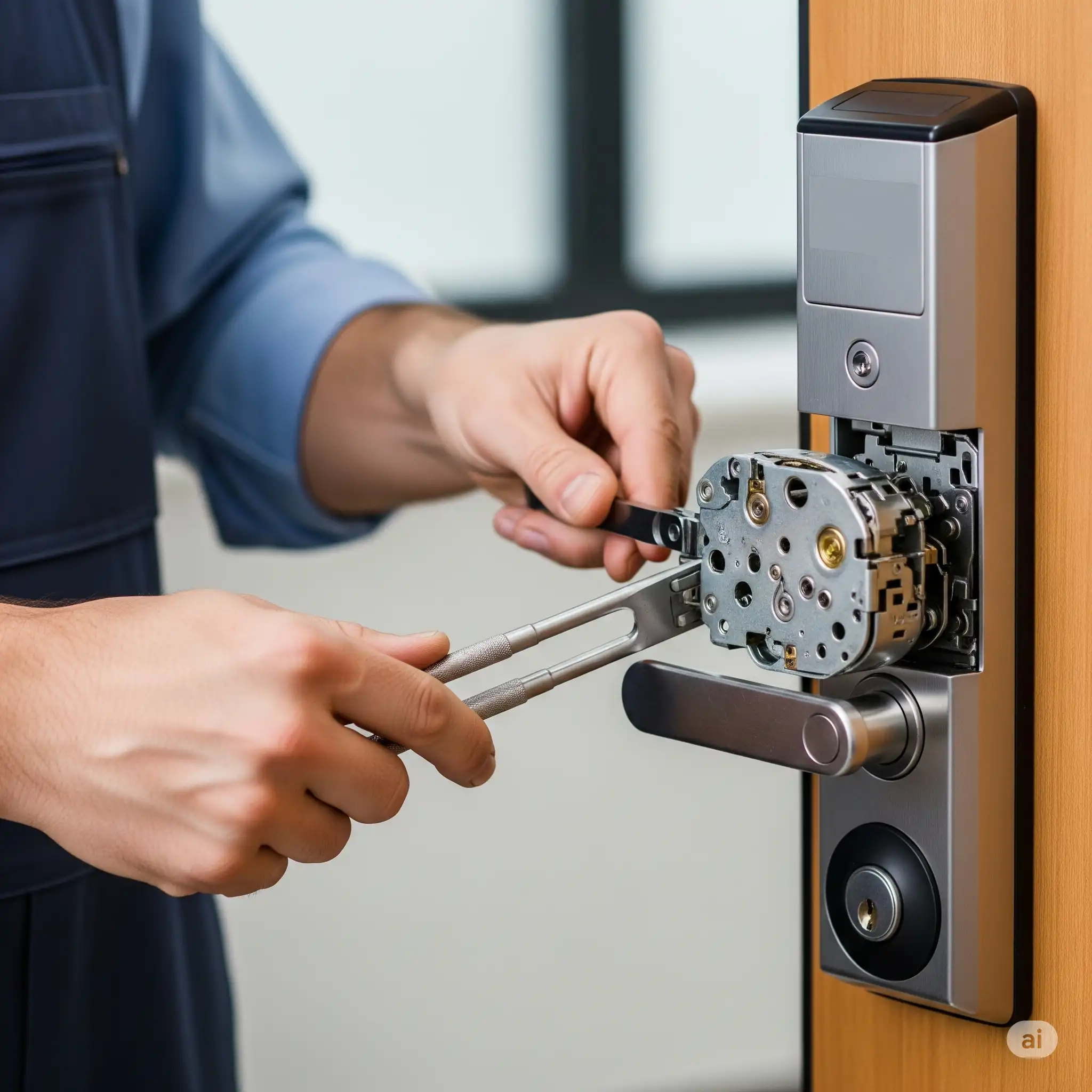 Person in blue outfit rekeying an electronic door lock with metallic hardware, using a tool on a wooden door.