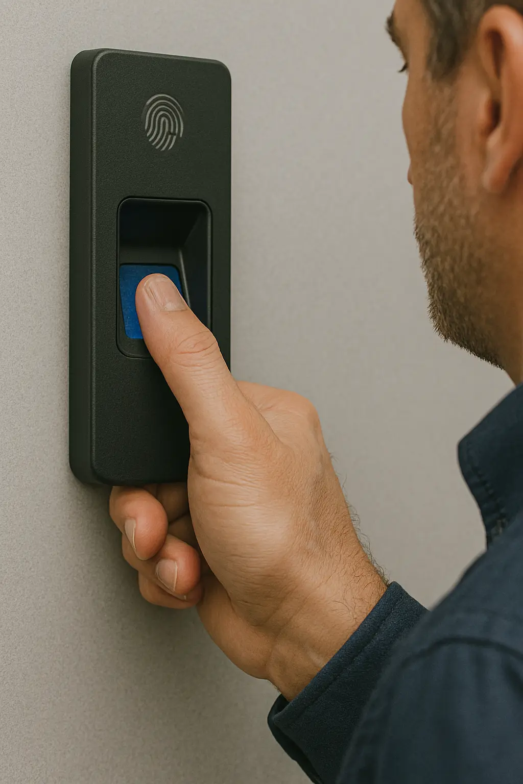 Close-up of a fingerprint reader with a green light, showing a scanned fingerprint on a black device
