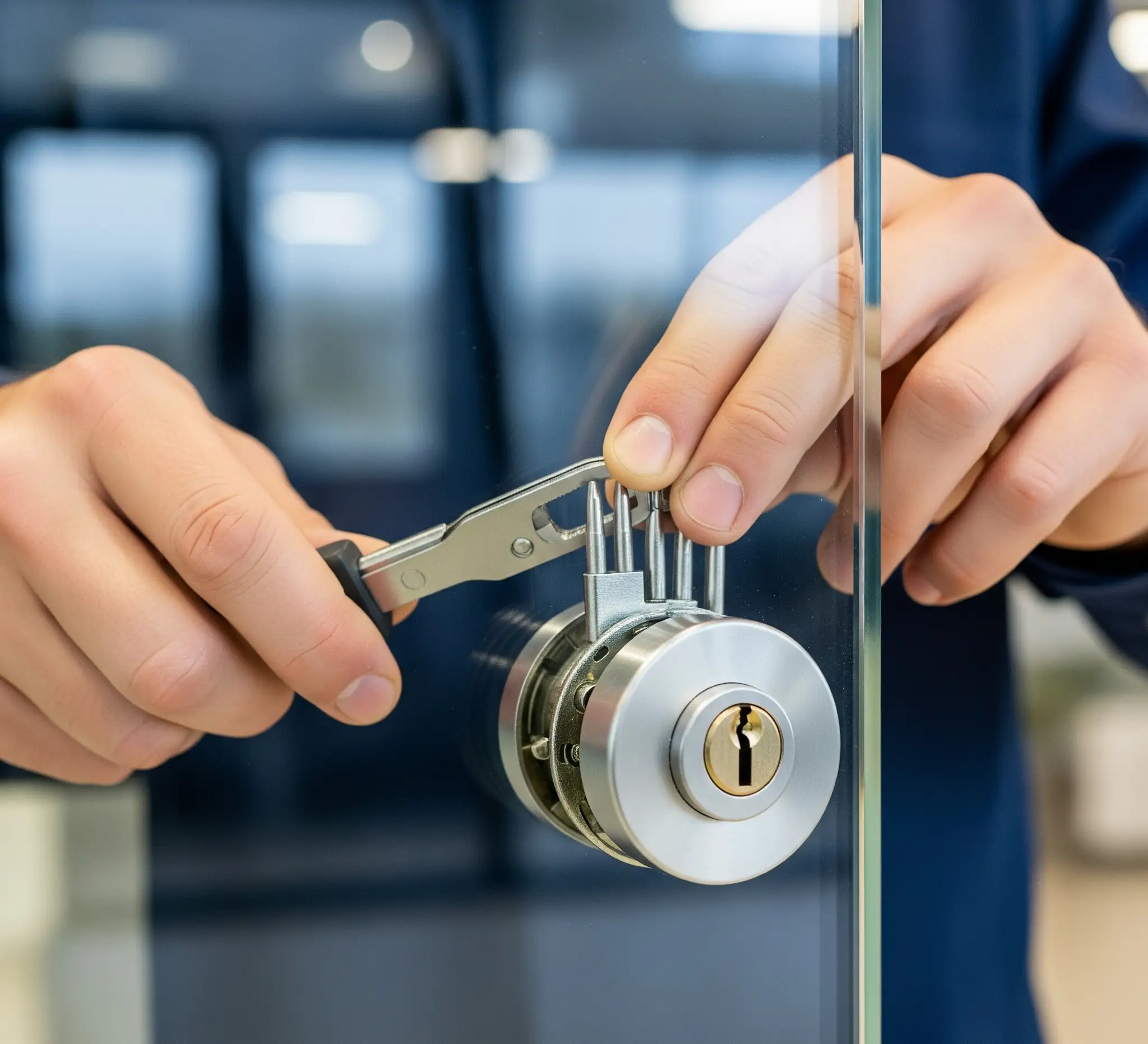 Person in blue shirt rekeying a lock on a glass door with metallic and gold hardware, using a tool.