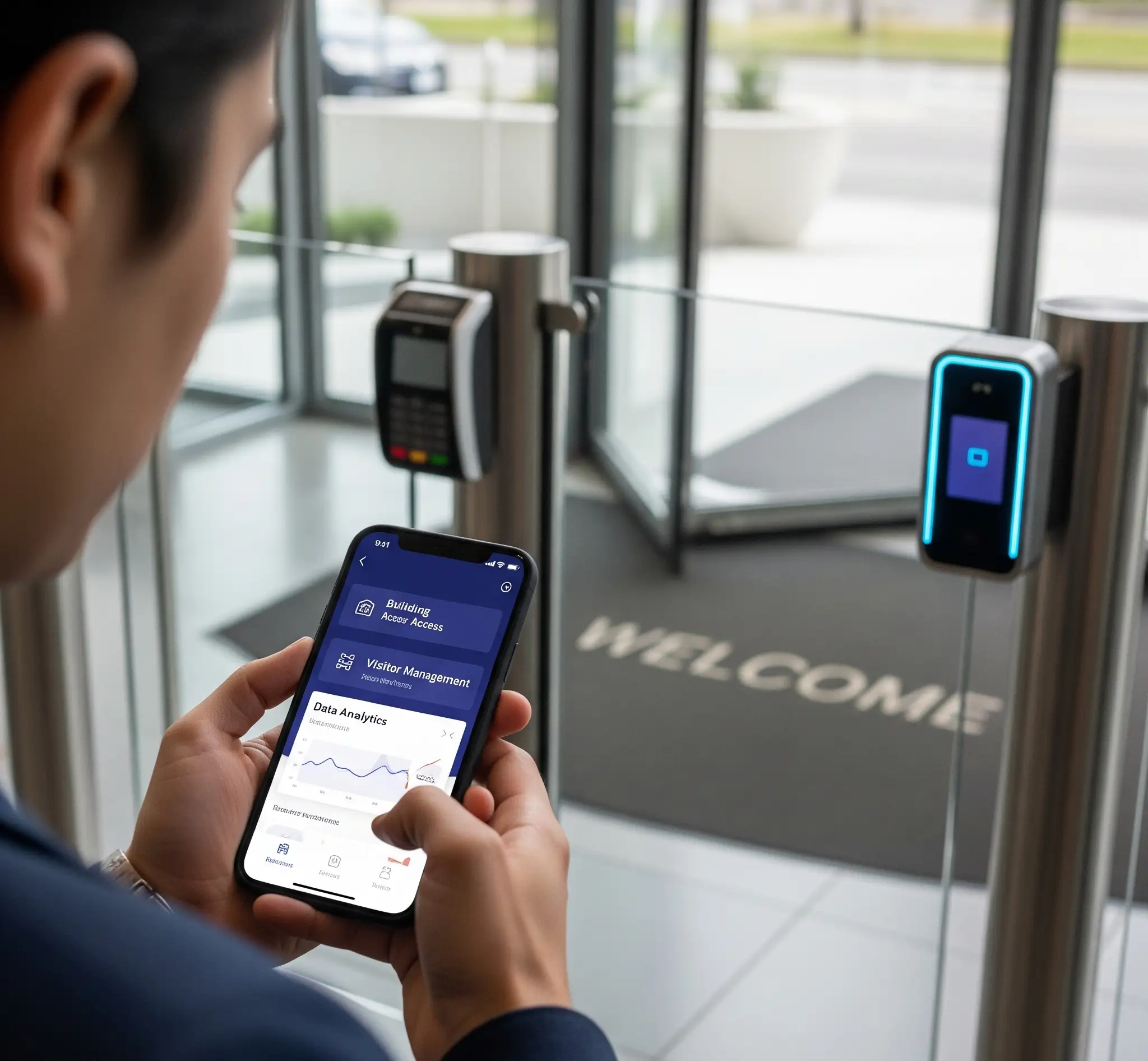 A person with a smartphone showing a visitor management app near a card reader and "WELCOME" mat at a glass-door entrance.