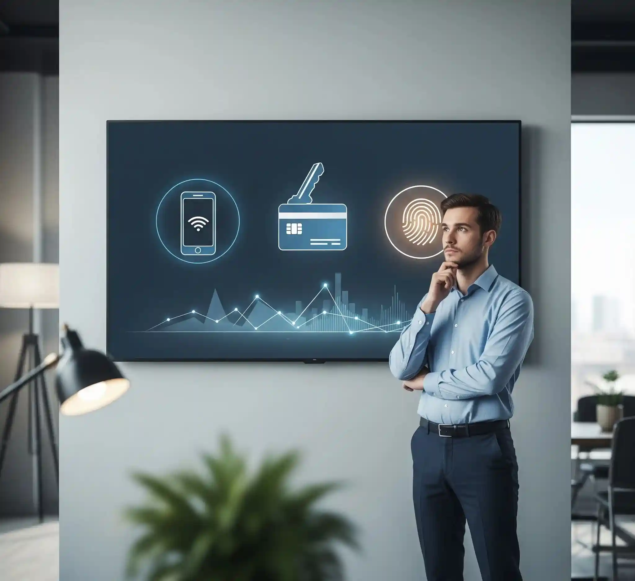 A man in a blue shirt stands with arms crossed in an office, facing a screen with smartphone, key, credit card, and fingerprint icons, plus a graph.