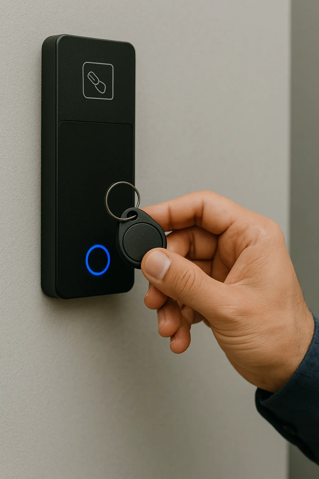 Hand holding a key fob near a black access control reader with a green light on a wall