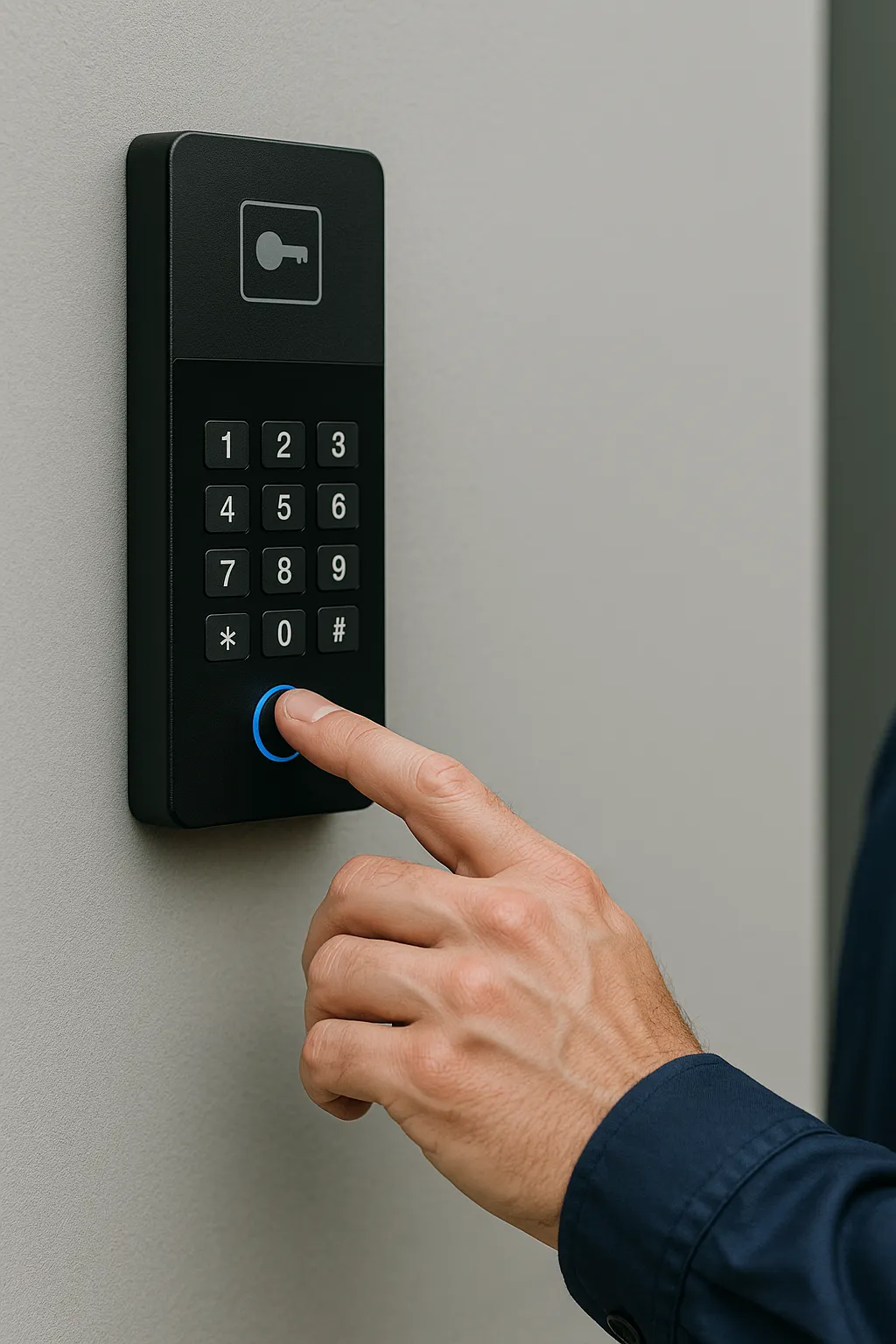 Hand pressing a button on a black keypad access control system mounted on a wall