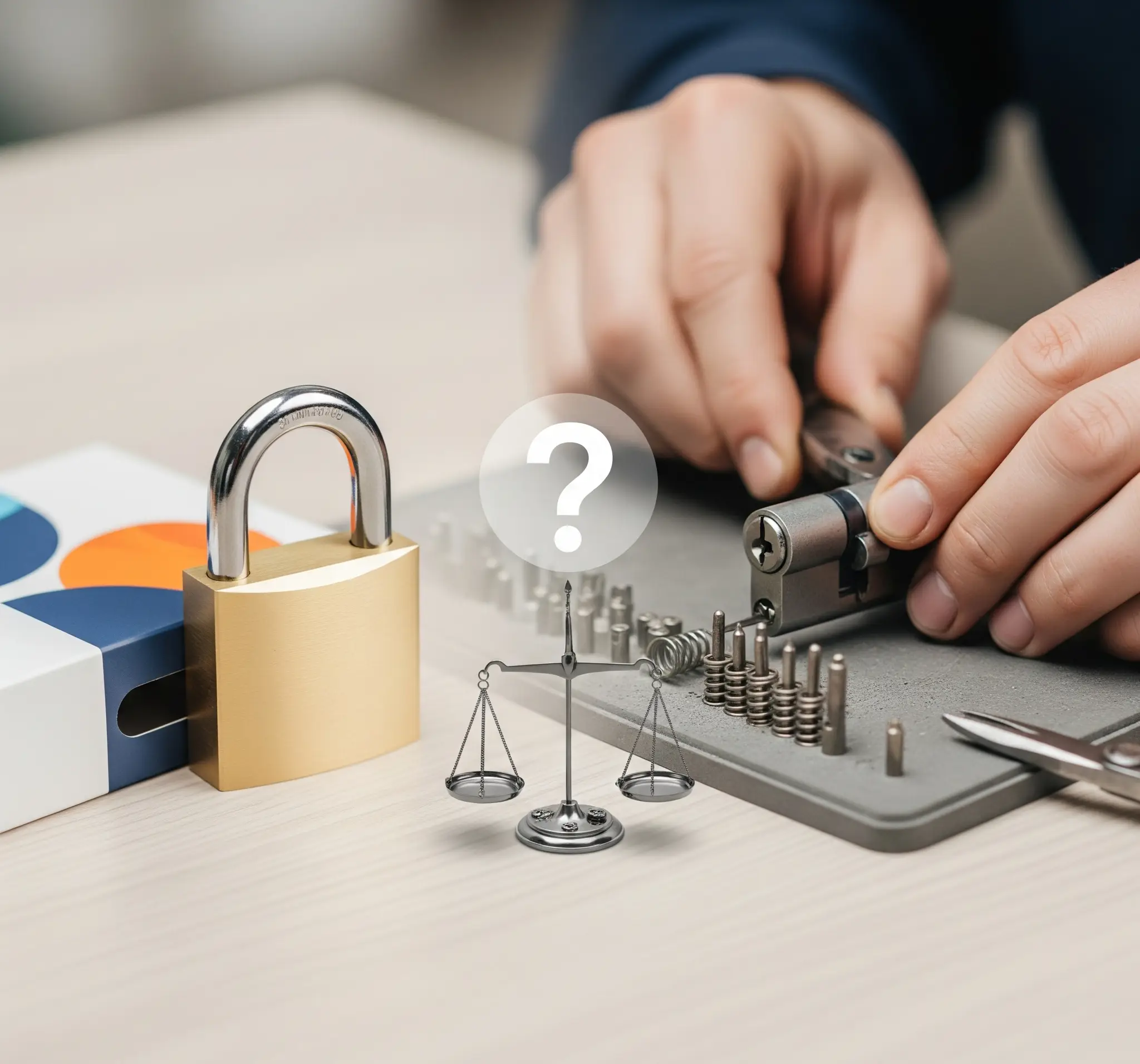 Person in blue shirt rekeying a lock on a workbench with a padlock, a scale, and a question mark overlay, next to a box with colorful circles.