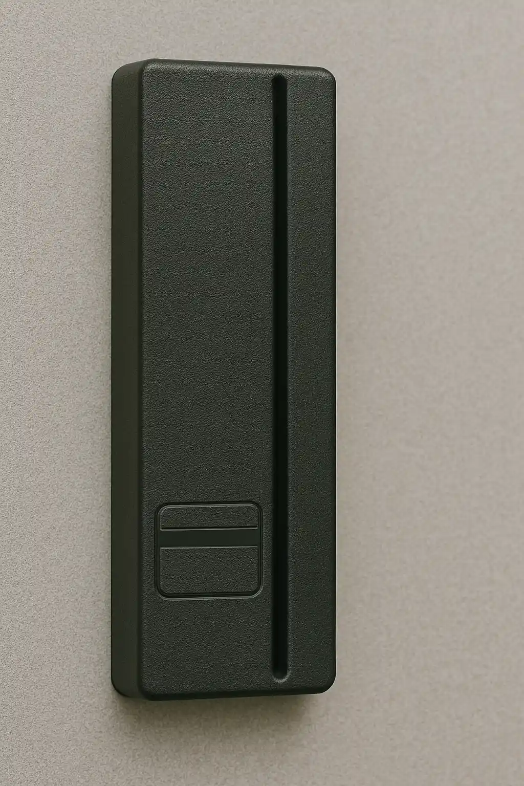 A black magnetic stripe card reader mounted on a beige wall, featuring a vertical card slot and a small rectangular button or sensor area near the bottom.