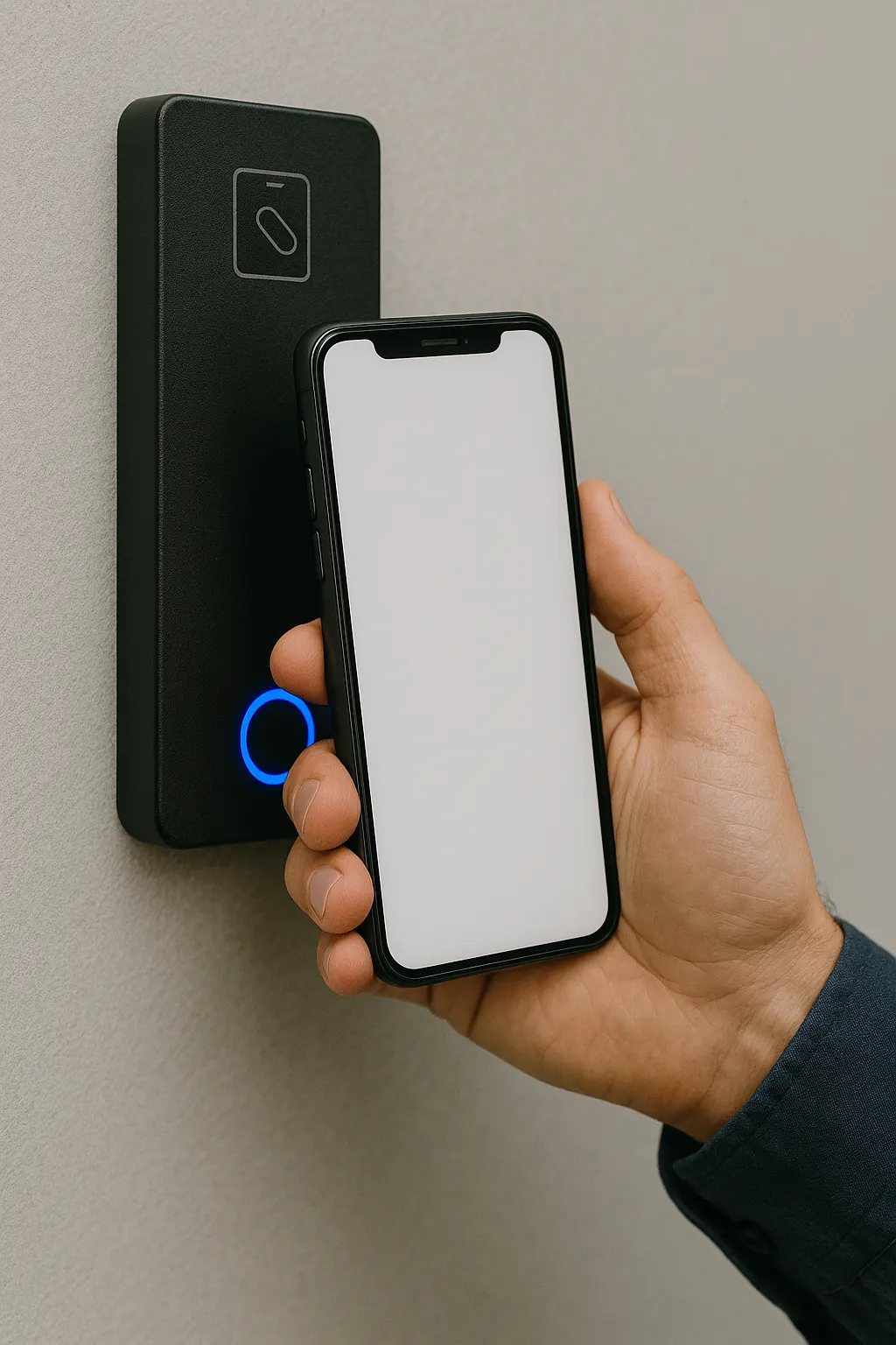 Hand holding a mobile phone near a black access control reader with a green light on a wall