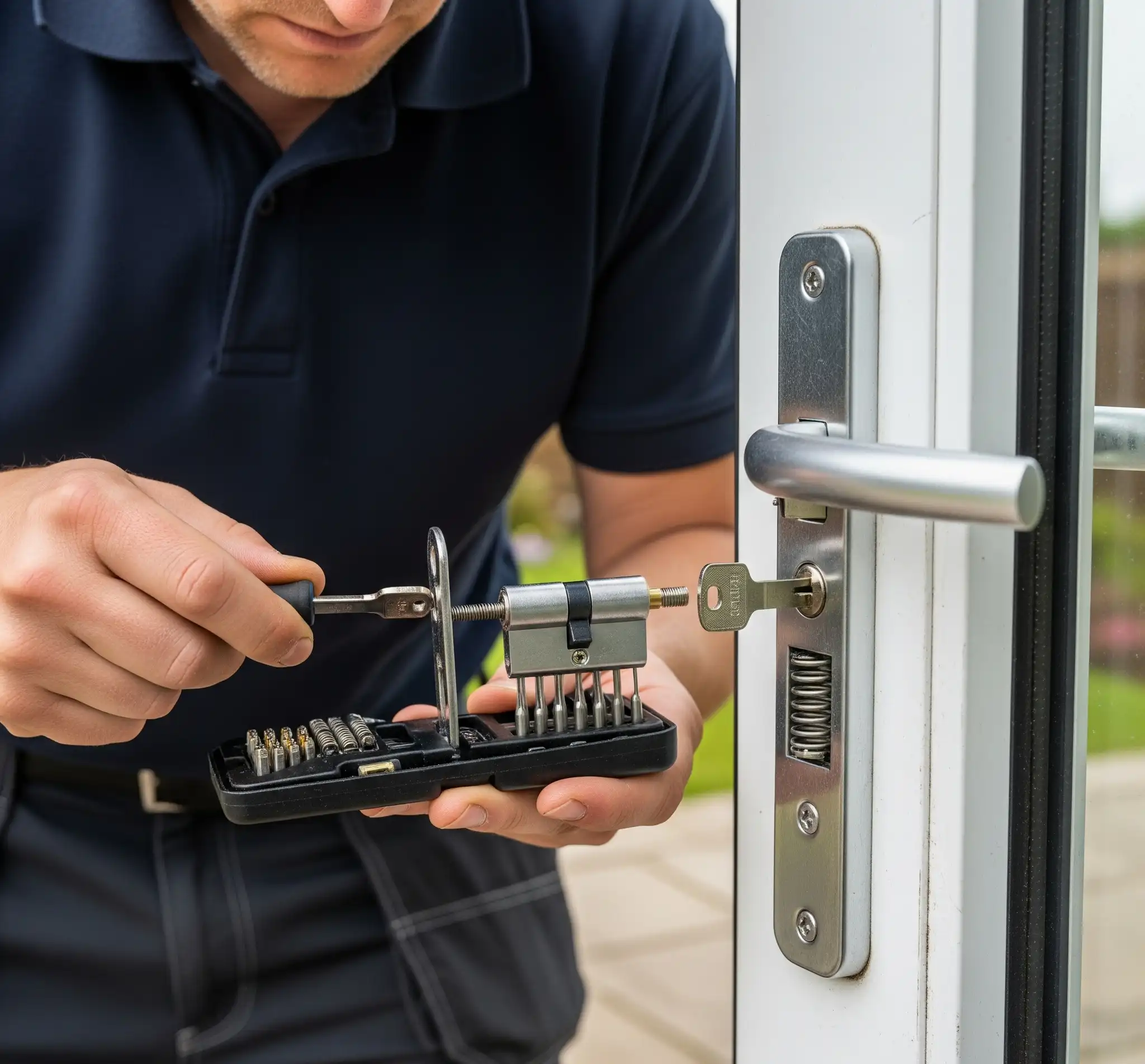 Person in blue shirt rekeying a patio door lock with silver hardware, using a screwdriver and a key with a tool kit.