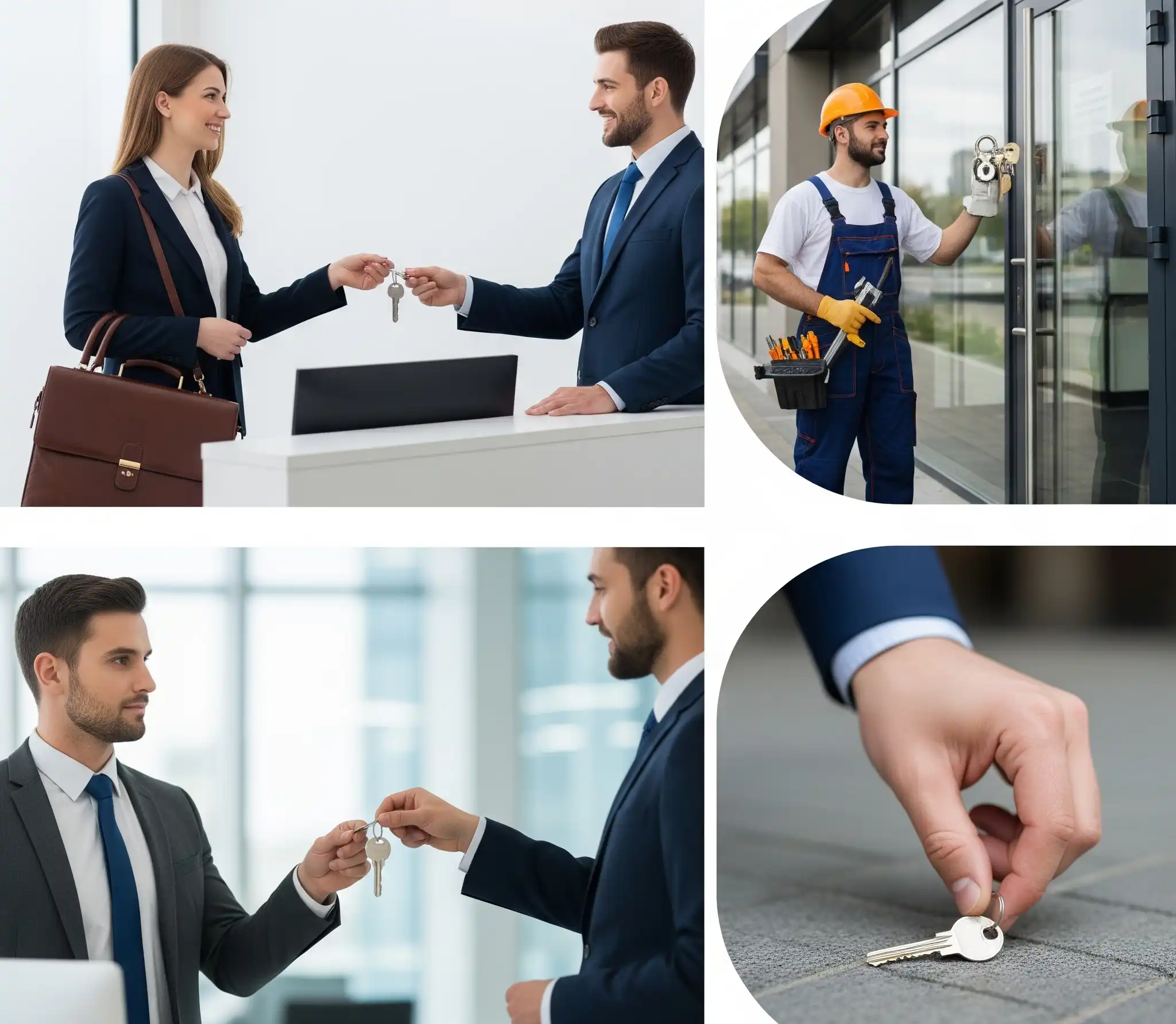 A woman handing keys to a man at a desk, a worker in a hard hat rekeying a lock, two men exchanging keys, and a hand picking up a key from the ground.
