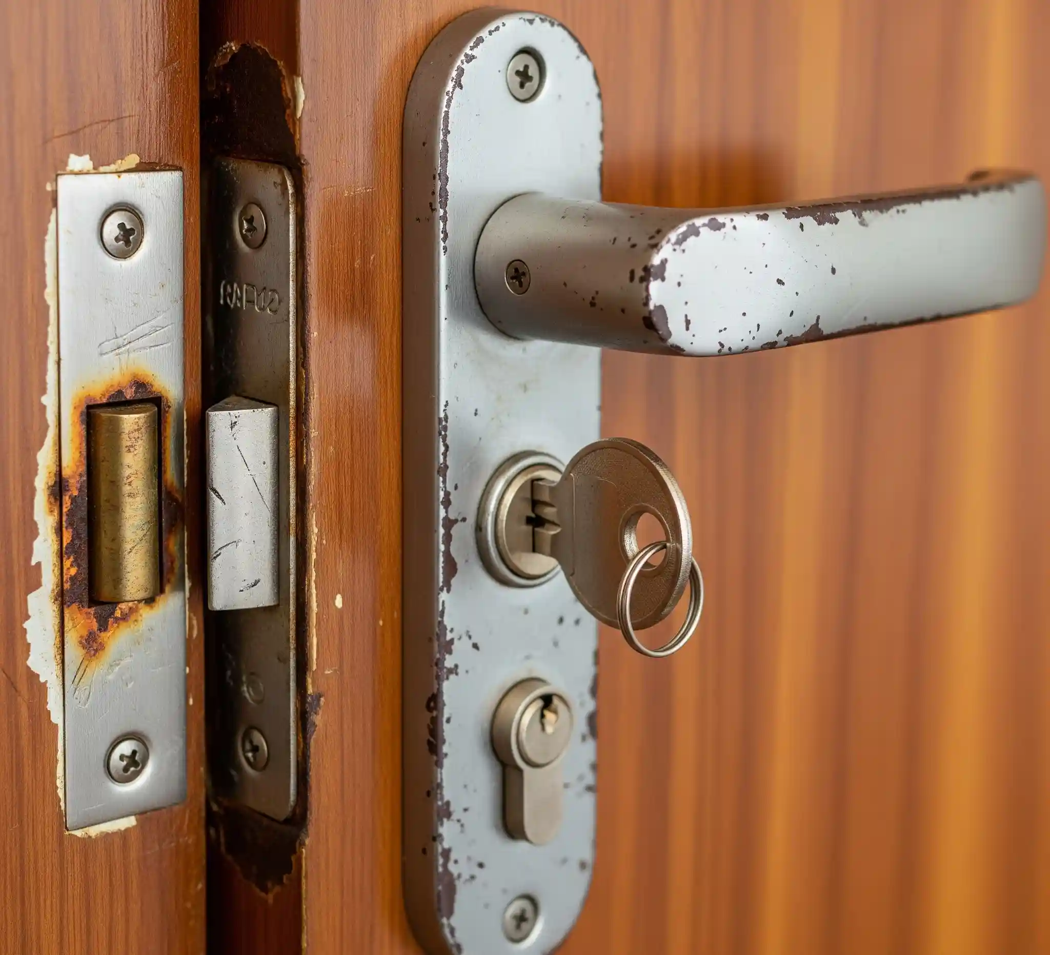Rusted and worn door lock with keys, showing signs of damage and corrosion needing repair