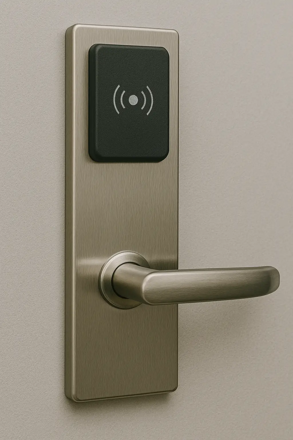 A metallic RFID door lock with a lever handle, featuring a black rectangular reader panel with an antenna icon at the top, mounted on a beige wall.