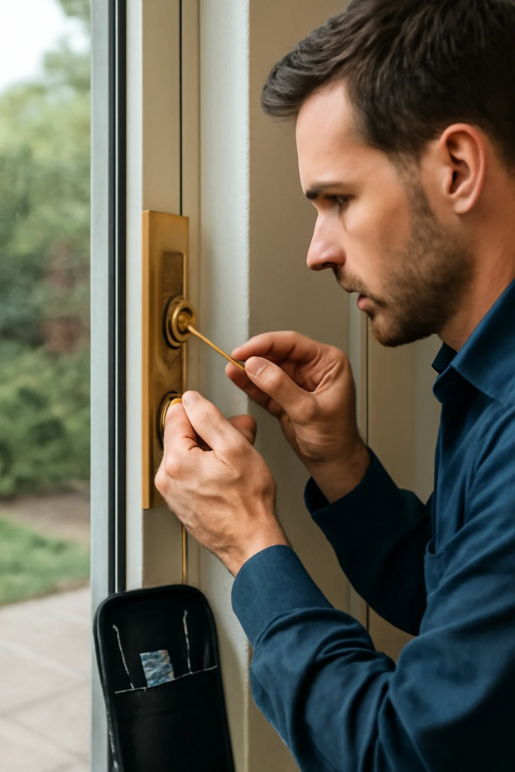 Man in blue shirt rekeying a sliding door lock with gold hardware, using tools from a black pouch, with greenery visible through the glass.