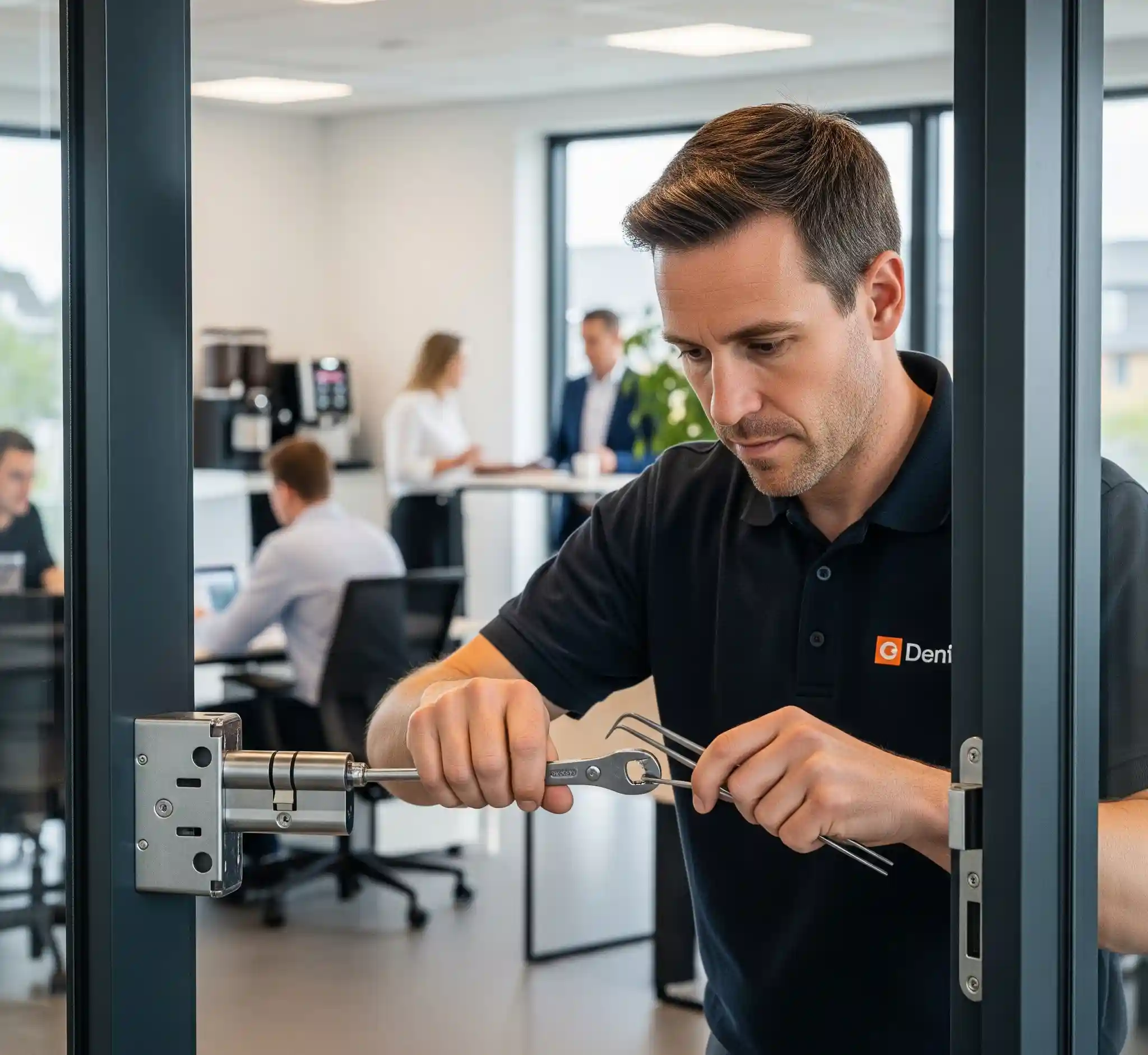 Worker in uniform repairing a door lock in an office with people working in the background
