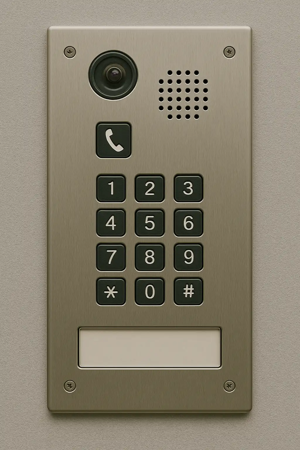 A metallic telephone entry system with a camera, speaker, call button, numeric keypad, and blank nameplate on a beige wall.