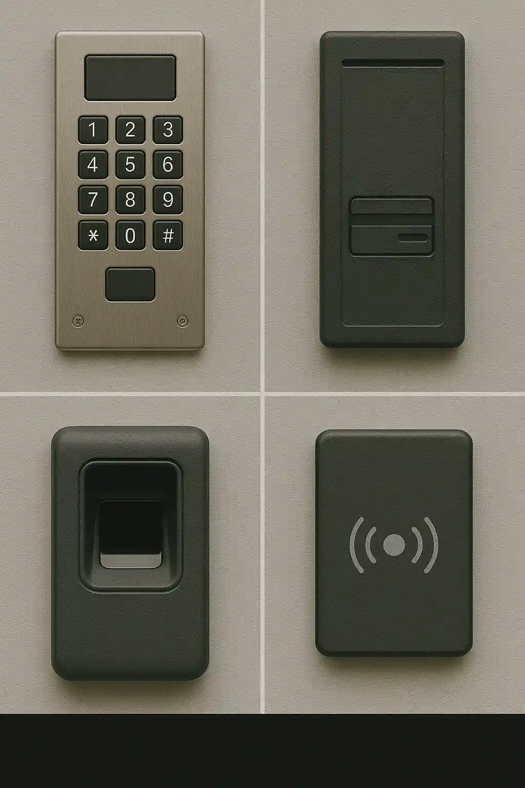 A collage of four access control systems: metallic keypad, magnetic stripe card reader, fingerprint scanner, and RFID reader, all on a beige wall.