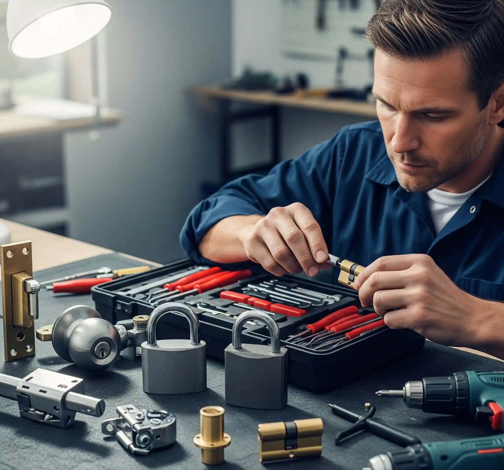 Man in blue shirt working on various commercial locks, including padlocks and door locks, with a tool kit and power drill on a workbench.