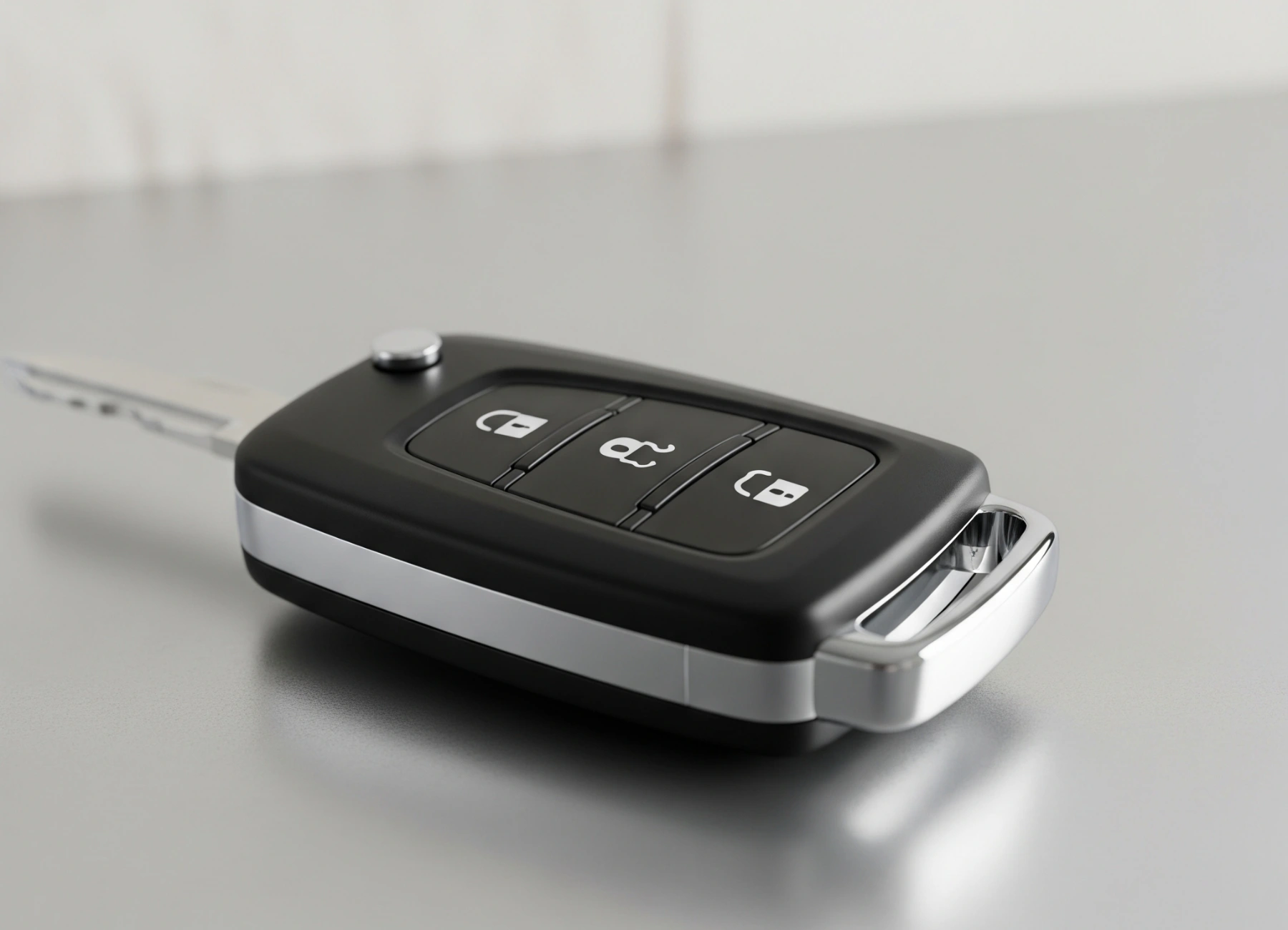 Close-up of a modern car key with remote entry buttons, lying on a reflective surface, representing Car Key Replacement services.