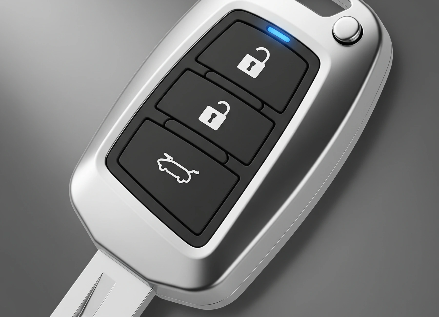 A sleek, silver electronic Car key Replacement fob with a glowing blue LED light, set against a neutral background.