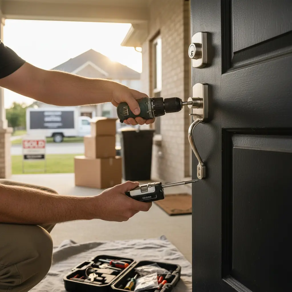 A person using a drill to install a new silver doorknob and deadbolt on a black front door, with moving boxes and a "SOLD" sign visible in the background. This image visually explains how to change locks on new home.