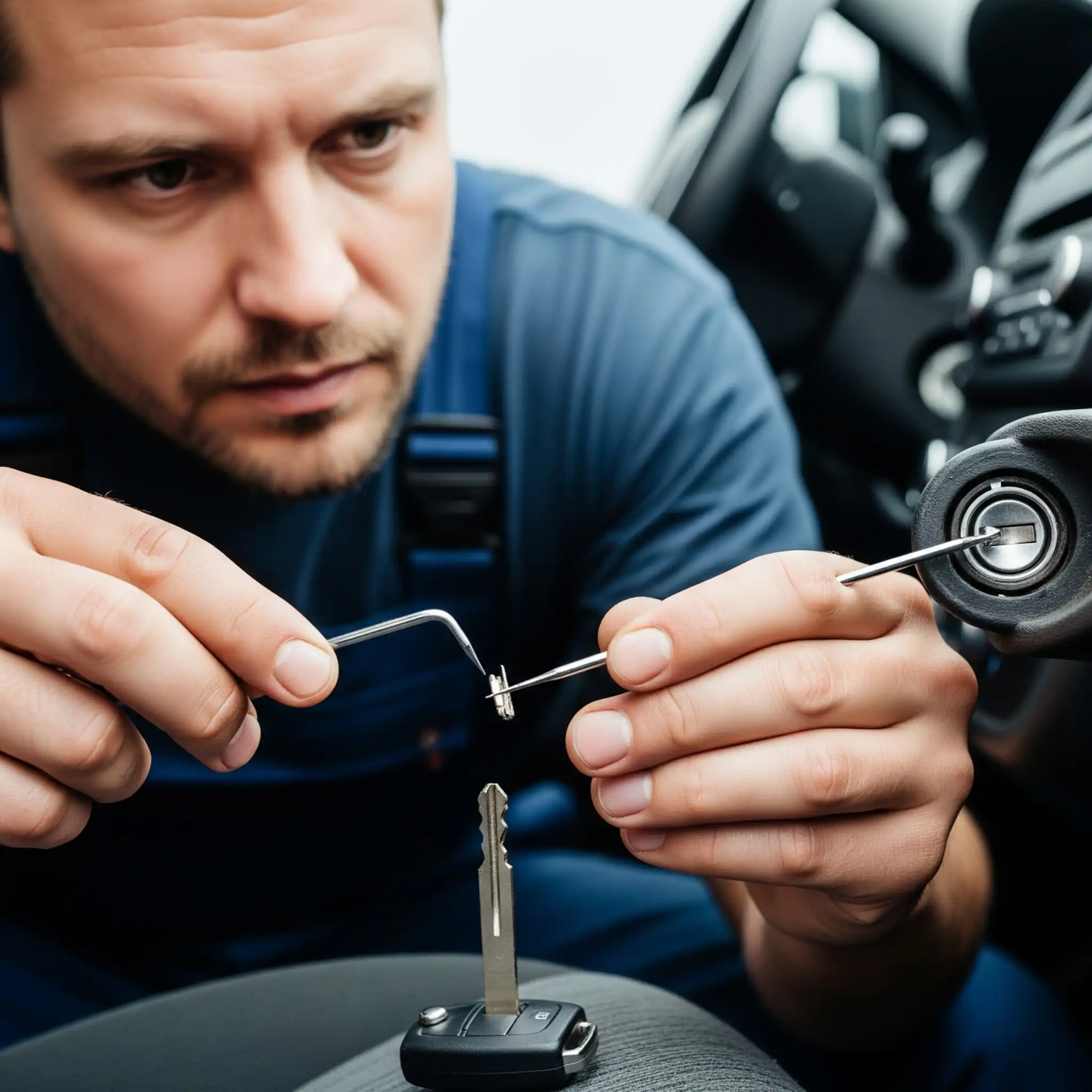 Technician in blue uniform performing broken key extraction from a car ignition using tools with a key fragment.