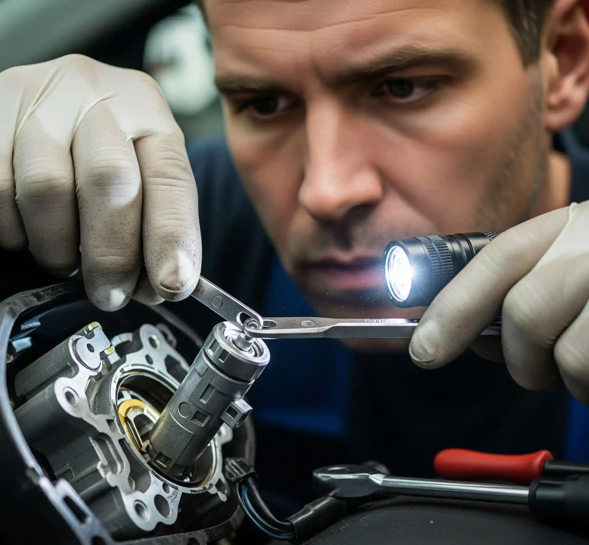 Ignition repair technician in white gloves using a wrench and flashlight to fix a car ignition component.