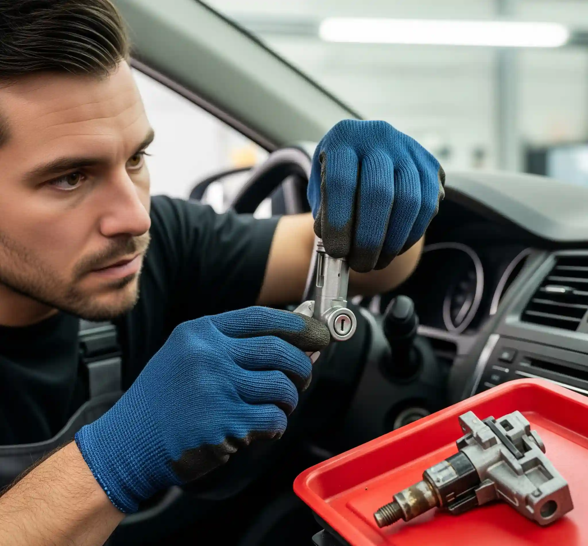 Technician in blue gloves performing ignition replacement service on a car's steering column with a new ignition component.