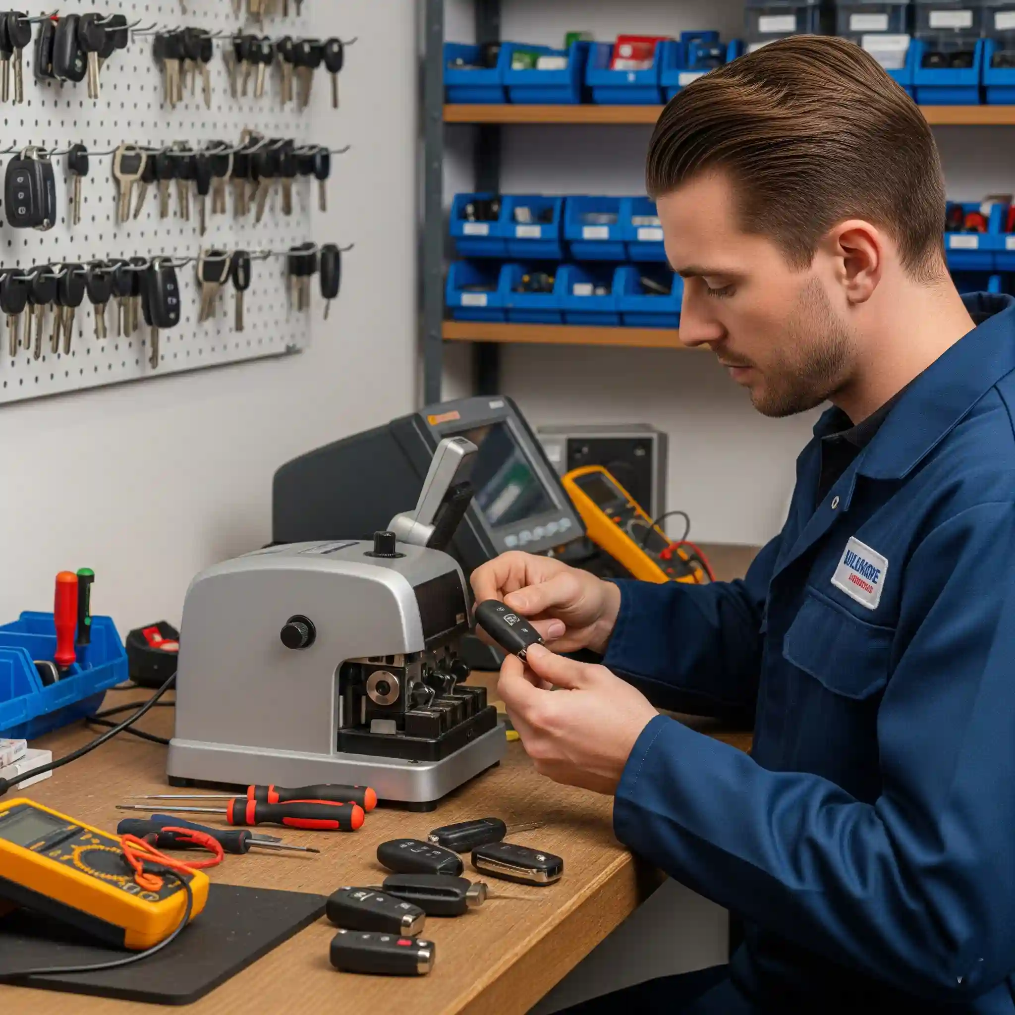 Expert locksmith replacing car key, wearing blue uniform, programming key fob with advanced device in mobile workshop.