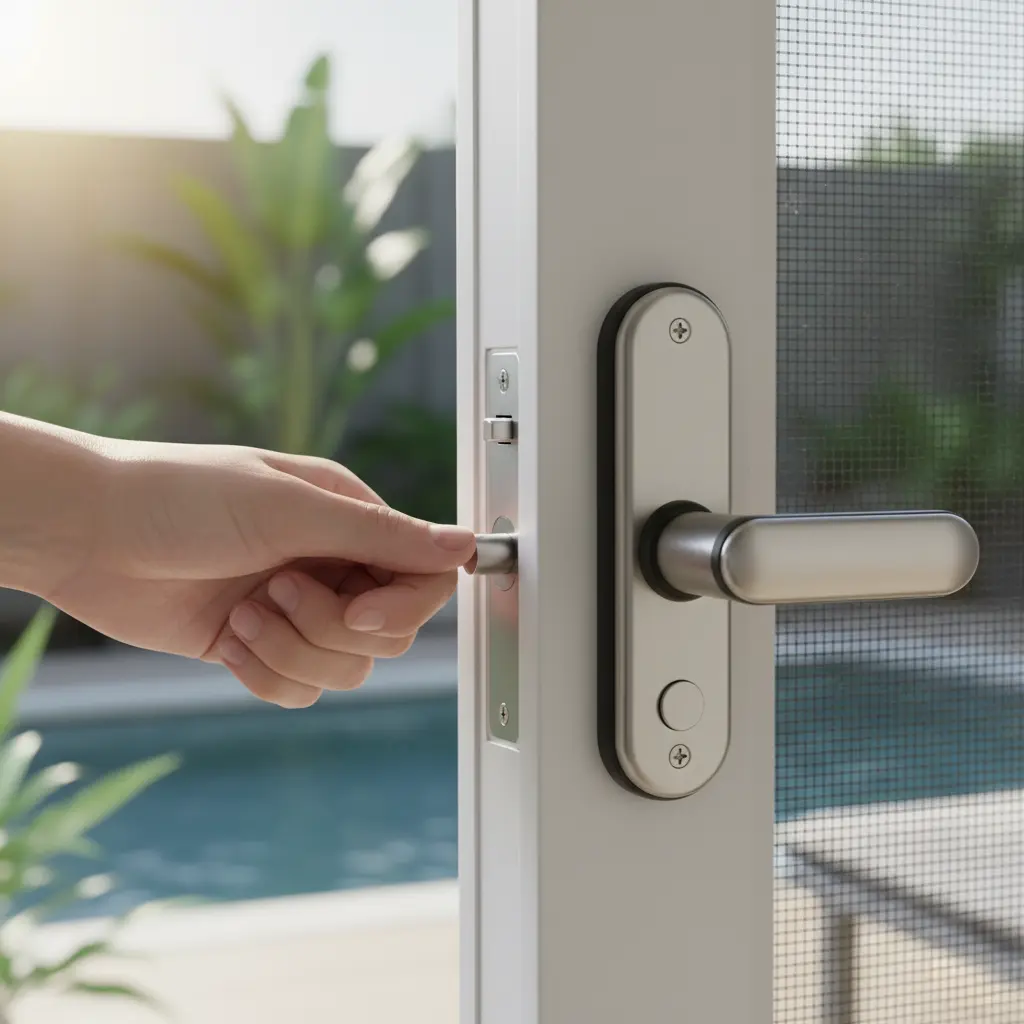 Close-up of a person's hand pressing the latch button on a modern, brushed metal fly screen door lock handle while the screen door is ajar, showing a sunny backyard and swimming pool in the background. This image illustrates the process of how to replace the fly screen door lock.