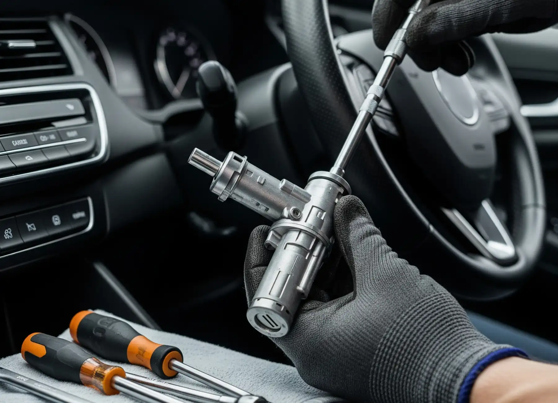 A skilled automotive technician uses a precision tool to set up a new ignition lock housing before installation, showcasing the detailed work involved in professional ignition replacement services.