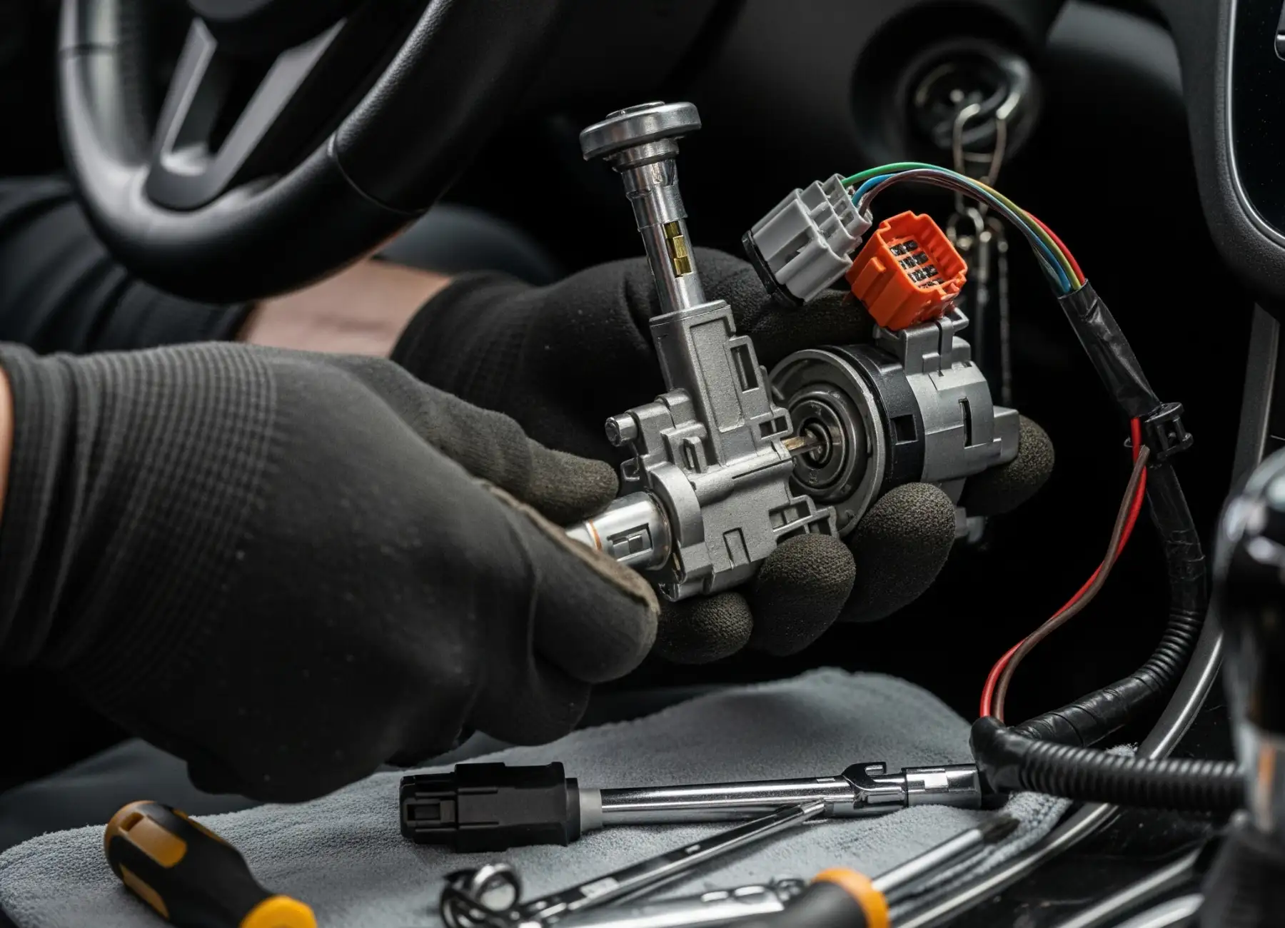 An automotive technician carefully inspects a complex ignition switch assembly with its attached wiring before performing an ignition replacement, with professional tools laid out on a cloth below.