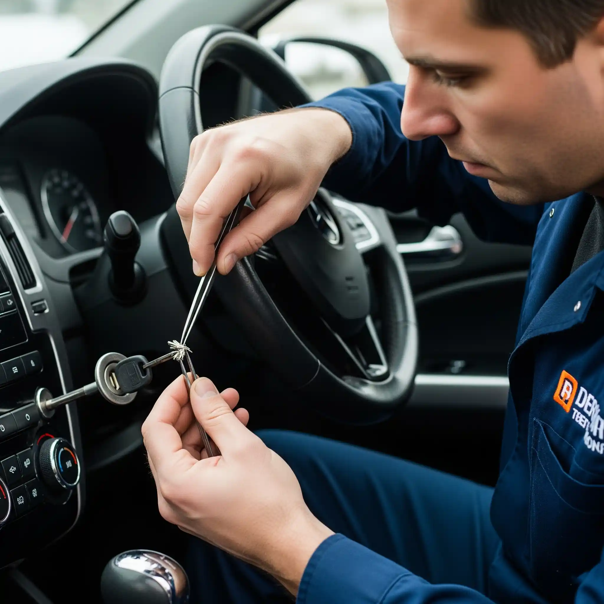 Professional locksmith extracting broken key from lock, wearing blue uniform, using precision pliers and tools in workshop.