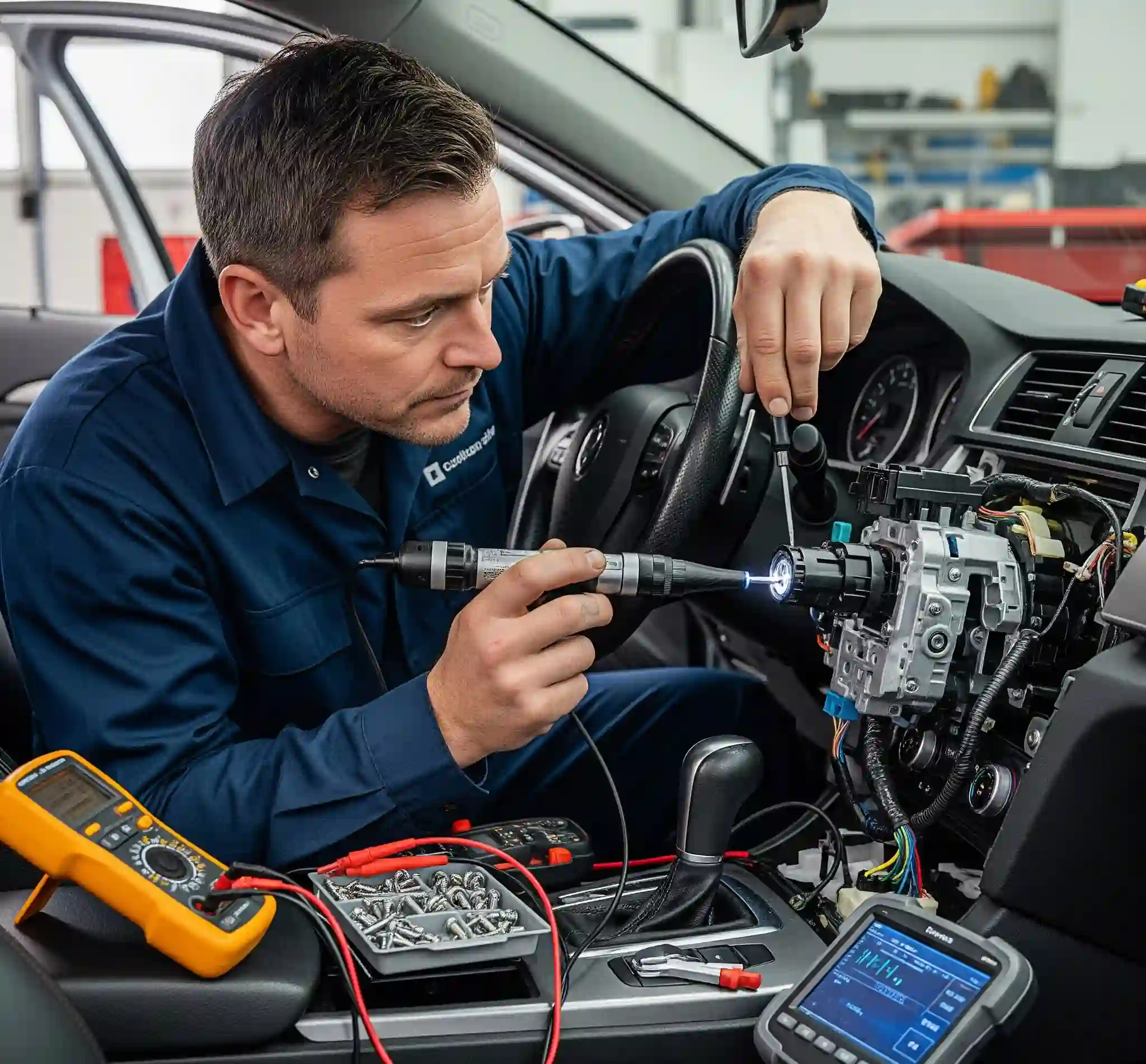 Technician in blue uniform performing ignition repair on a car steering column using a diagnostic tool with multimeter, screws.