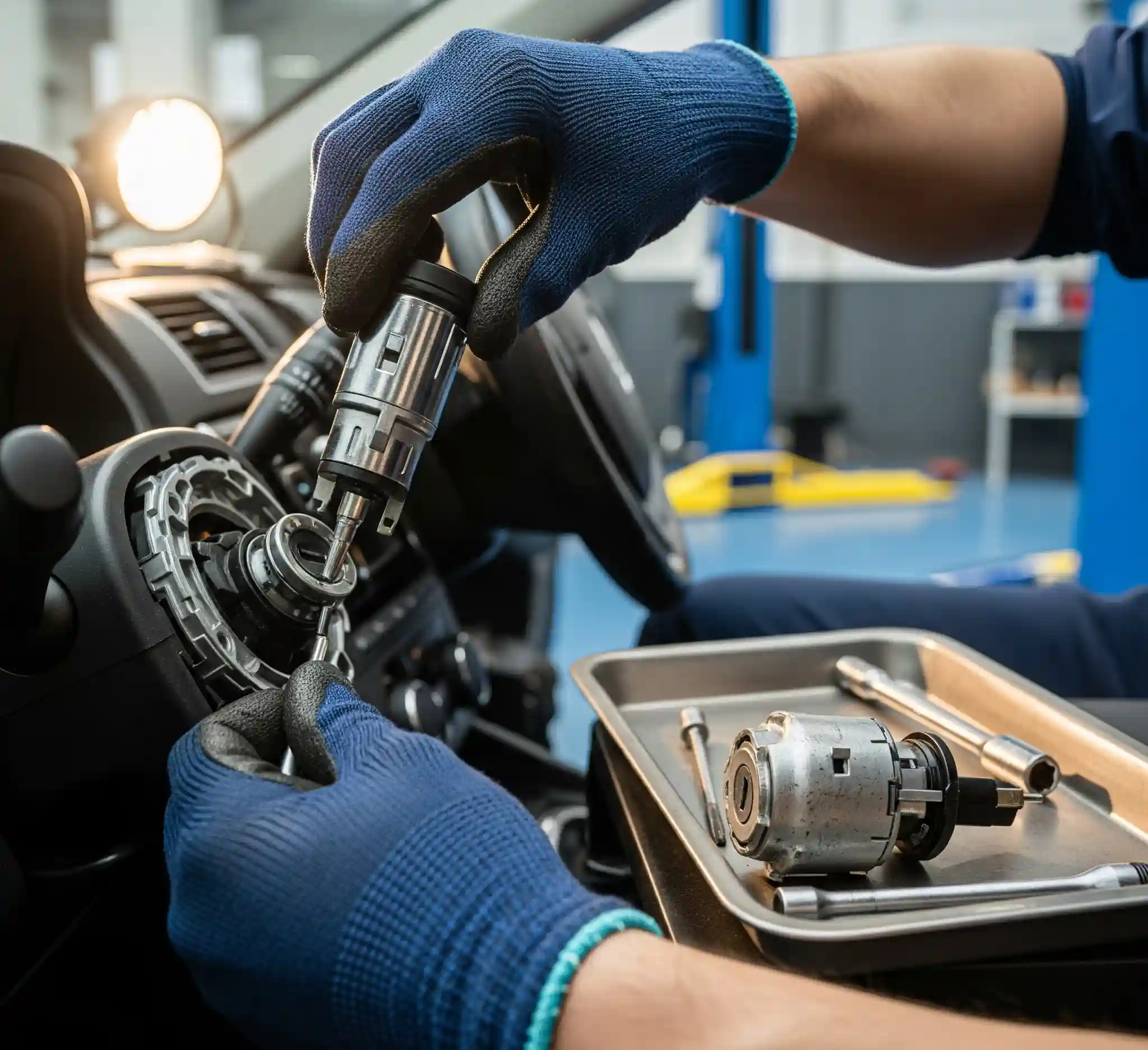 Technician in blue gloves performing ignition replacement on a car steering column with an old ignition part on a tray.