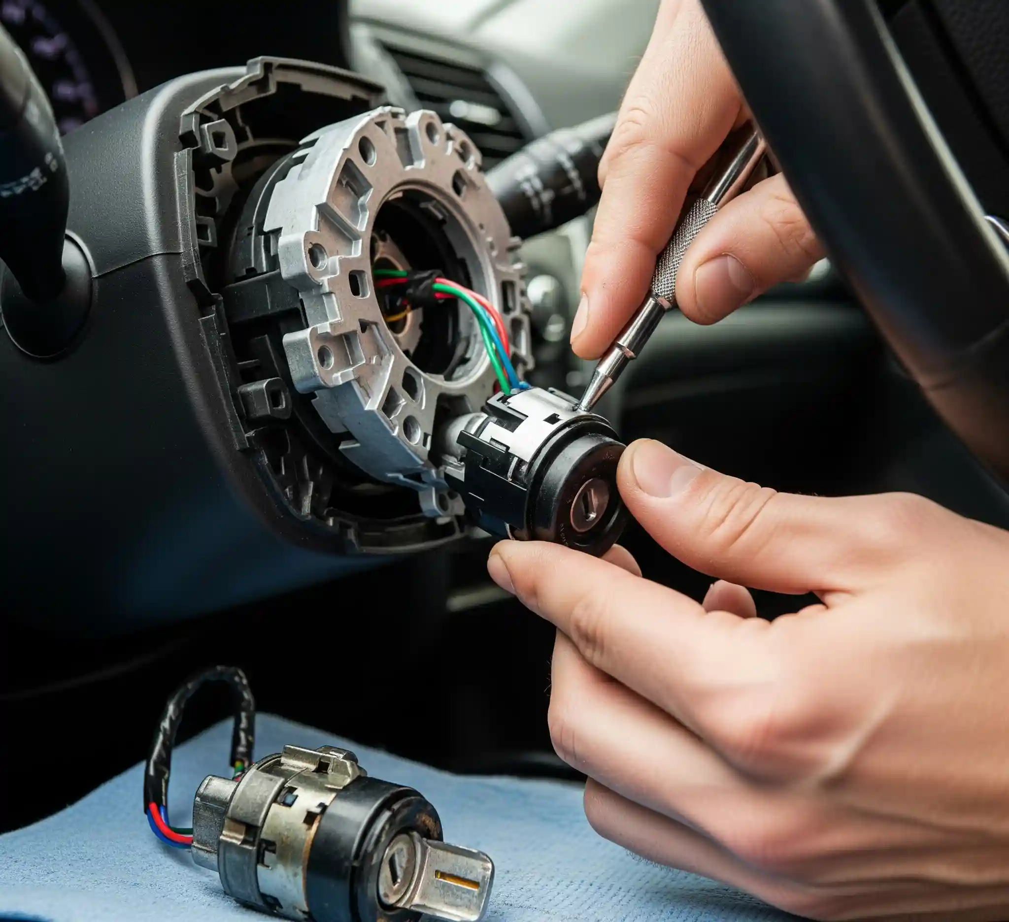 Technician using a tool to perform ignition switch replacement on a car steering column with an old switch nearby.