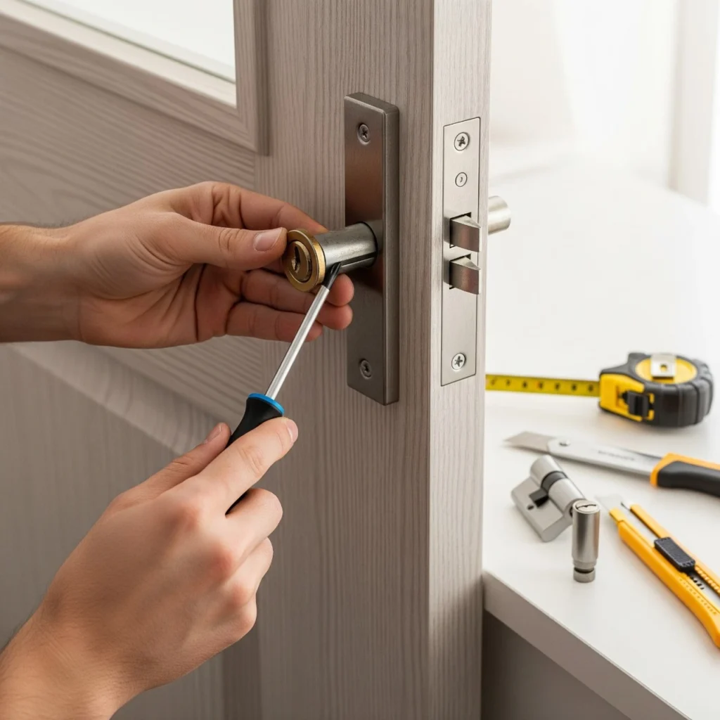 Person using a screwdriver to remove and replace a door lock cylinder step by step showing how to change a door lock cylinder.
